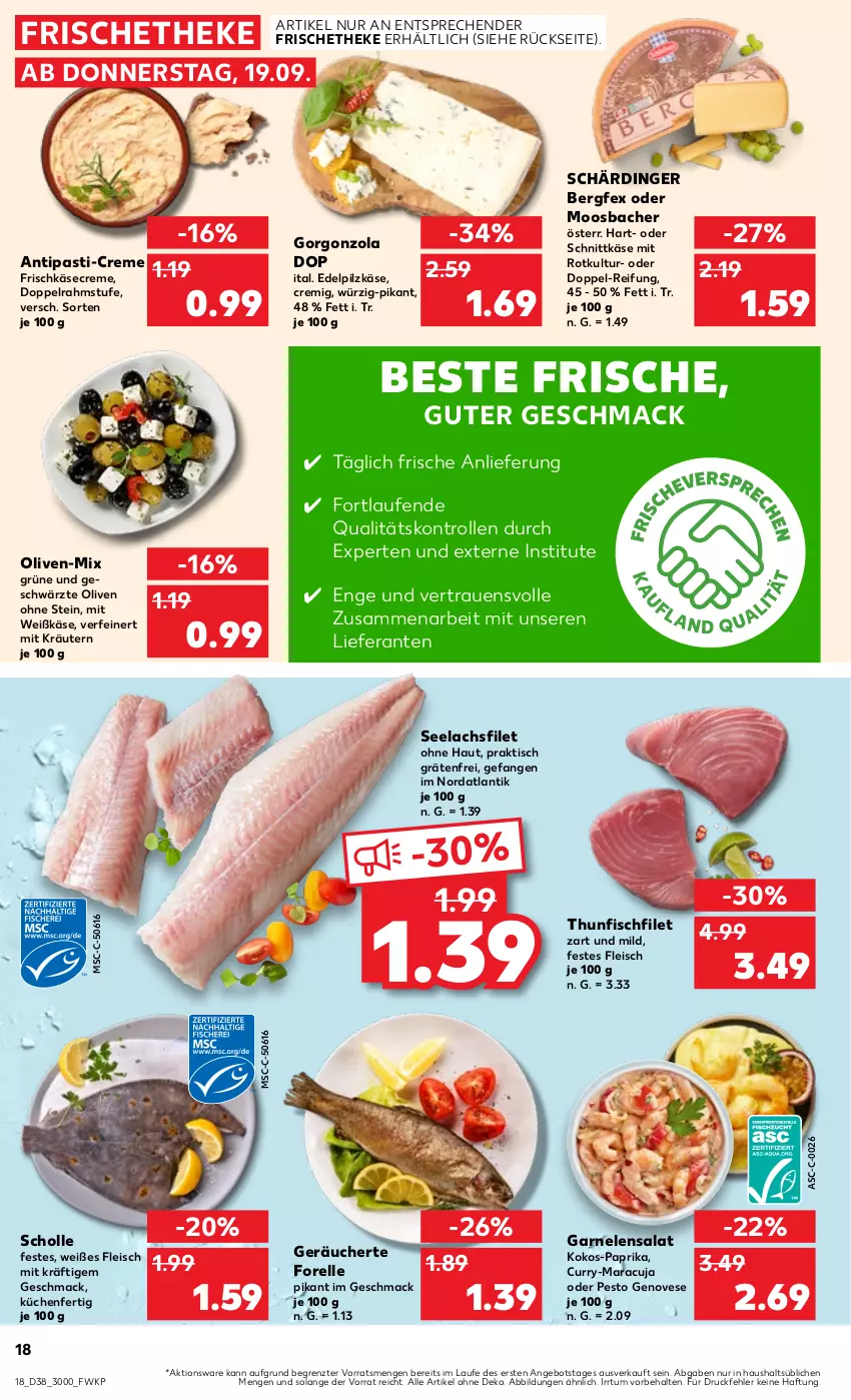 Aktueller Prospekt Kaufland - Prospekt - von 19.09 bis 25.09.2024 - strona 18 - produkty: angebot, antipasti, asti, creme, curry, doppelrahmstufe, eis, elle, filet, fisch, fleisch, forelle, frischkäse, garnelen, genovese, gorgonzola, Käse, kokos, kräuter, kräutern, küche, Küchen, lachs, lachsfilet, Laufen, mac, maracuja, olive, oliven, paprika, pesto, rel, salat, Schärdinger, schnittkäse, scholl, seelachsfilet, thunfisch, Ti, tisch, ZTE