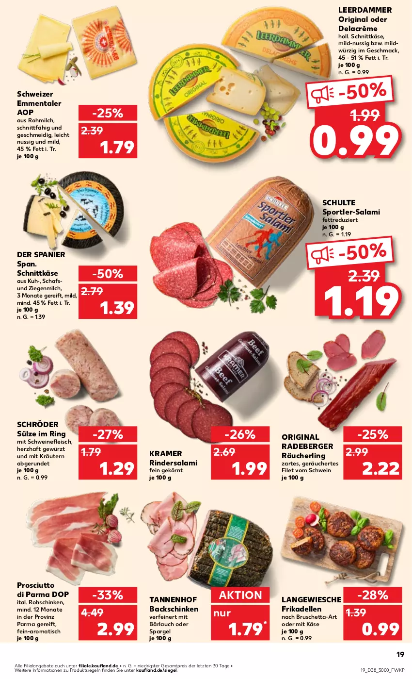 Aktueller Prospekt Kaufland - Prospekt - von 19.09 bis 25.09.2024 - strona 19 - produkty: angebot, angebote, Berger, dell, eis, elle, emmentaler, filet, fleisch, frikadellen, gewürz, gin, Käse, kräuter, kräutern, leerdammer, mac, milch, nuss, prosciutto, Prosciutto di Parma, radeberger, Räucherling, reis, rind, rinder, Rindersalami, ring, rohschinken, salami, schinken, schnittkäse, schwein, schweine, schweinefleisch, spargel, Sport, Ti, tisch, wein, weine, ZTE