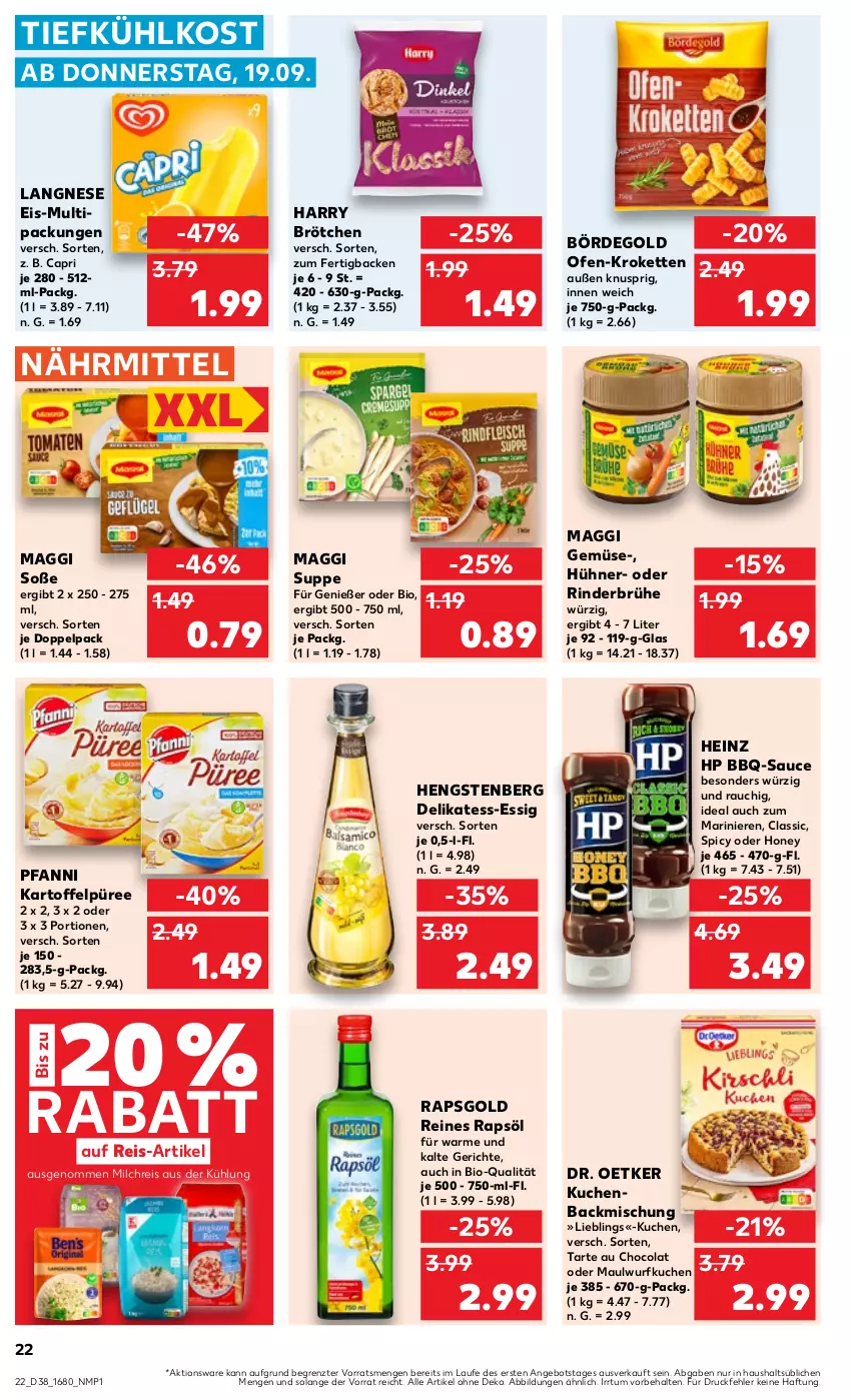 Aktueller Prospekt Kaufland - Prospekt - von 19.09 bis 25.09.2024 - strona 22 - produkty: angebot, backmischung, bbq-sauce, bio, brötchen, Brühe, Cap, cola, delikatess-essig, Dr. Oetker, eis, essig, heinz, hengstenberg, HP, hühner, kartoffel, Kartoffelpüree, Kette, Kroketten, kuchen, langnese, langnese eis, maggi, milch, milchreis, Ofen, pfanni, püree, rapsöl, Rauch, reines rapsöl, reis, rind, rinder, sauce, Soße, suppe, Ti, tiefkühlkost, ZTE