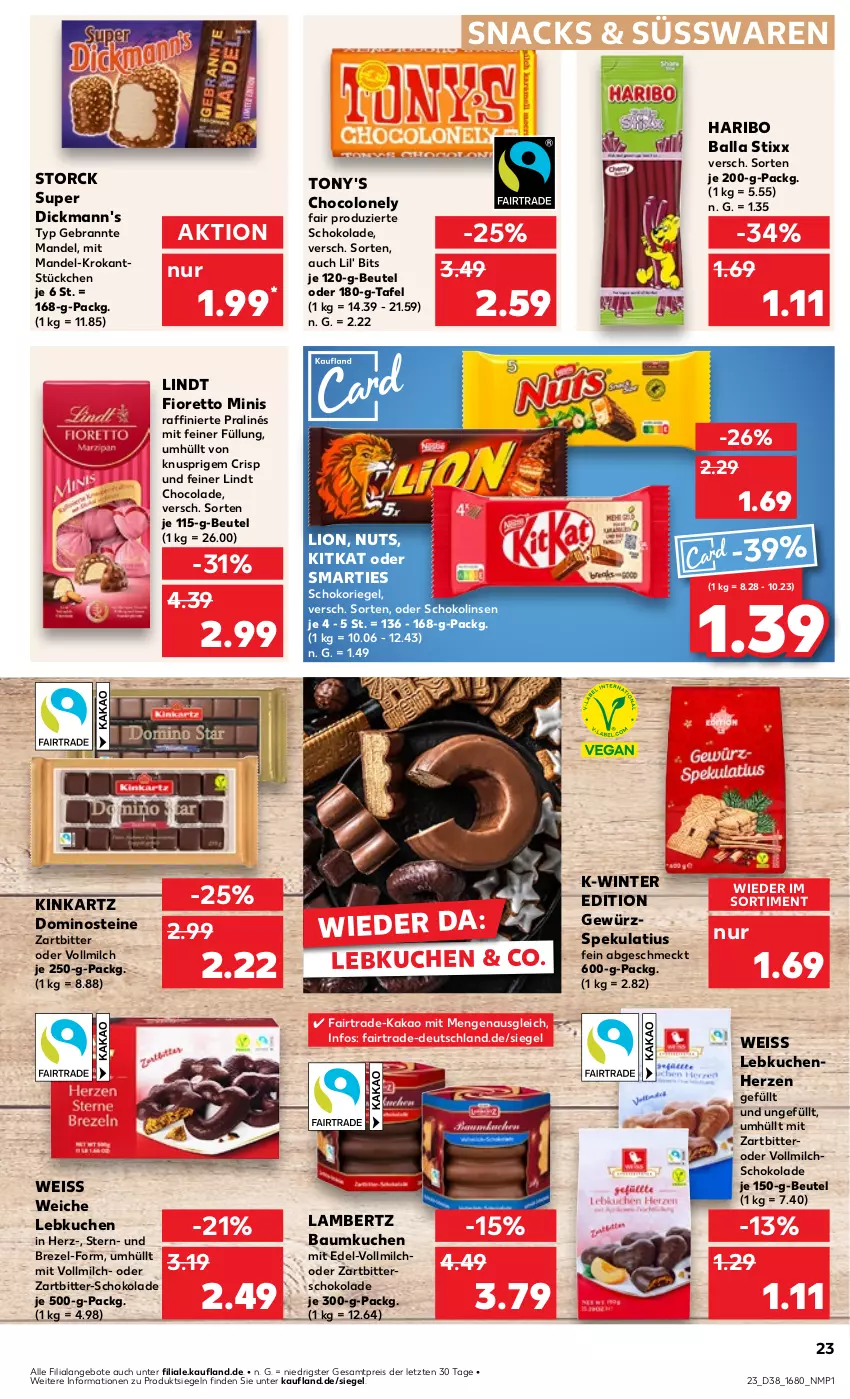 Aktueller Prospekt Kaufland - Prospekt - von 19.09 bis 25.09.2024 - strona 23 - produkty: Amber, angebot, angebote, ball, Bau, beutel, brezel, cola, Dickmann's, Dominosteine, eis, gewürz, haribo, kakao, kitkat, kuchen, lambertz, Lebkuchen, lindt, linsen, lion, mandel, milch, reis, riegel, schoko, schokolade, Schokolinsen, schokoriegel, smarties, snack, snacks, storck, süsswaren, Ti, vollmilch, Zartbitterschokolade, ZTE