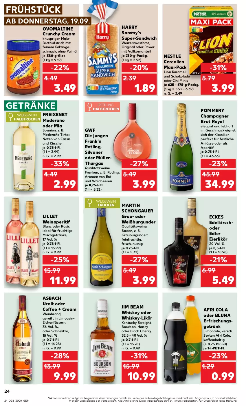 Aktueller Prospekt Kaufland - Prospekt - von 19.09 bis 25.09.2024 - strona 24 - produkty: Afri Cola, angebot, aperitif, asbach uralt, auer, aufstrich, Bad, beere, beeren, bourbon, brot, brotaufstrich, brut, burgunder, cassis, cerealien, champagne, champagner, cin, cola, eier, eierlikör, eis, erfrischungsgetränk, freixenet, frucht, getränk, getränke, gin, grauburgunder, jim beam, kakao, karamell, kentucky straight, kirsch, kirsche, korn, lack, likör, lillet, limo, limonade, lion, mac, malz, Müller, nestlé, nuss, ohne palmöl, ovomaltine, qualitätswein, qualitätsweine, sahne, sandwich, schoko, schokolade, silvaner, Ti, toast, Toastbrot, tuc, wein, weinbrand, weine, Weißburgunder, whiskey, ZTE