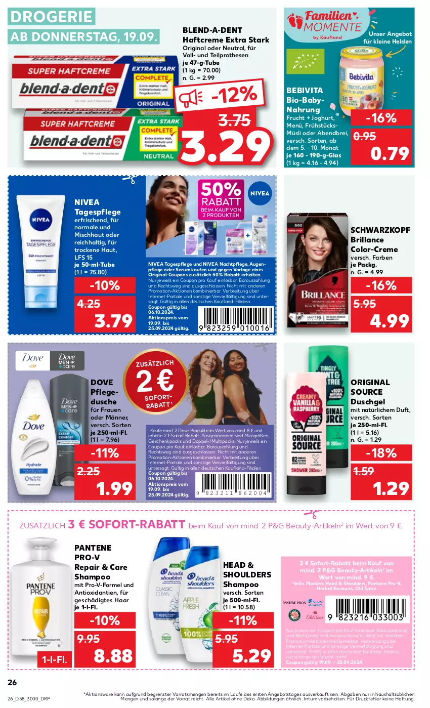 Aktueller Prospekt Kaufland - Prospekt - von 19.09 bis 25.09.2024 - strona 26 - produkty: aktionspreis, angebot, Augenpflege, Babynahrung, bebivita, bio, Brei, brillance, coupon, coupons, creme, dove, dusche, duschgel, eis, frucht, gin, Haftcreme, joghur, joghurt, leine, müsli, nachtpflege, nivea, Old Spice, pantene, pantene pro-v, pflegedusche, pro-v, reis, rum, schwarzkop, schwarzkopf, Serum, shampoo, sofort-rabatt, Tagespflege, Ti, vita, ZTE