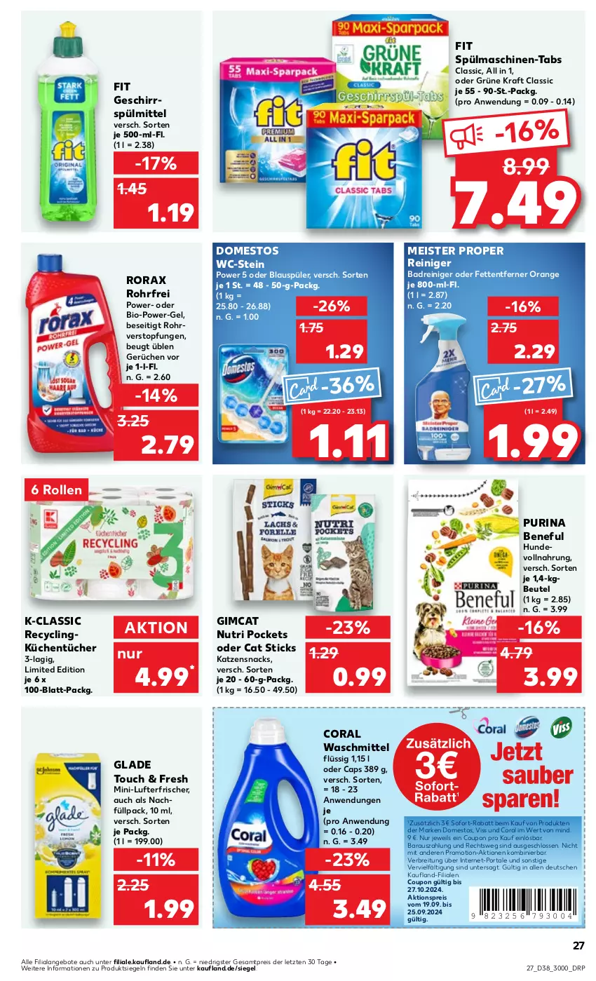 Aktueller Prospekt Kaufland - Prospekt - von 19.09 bis 25.09.2024 - strona 27 - produkty: aktionspreis, angebot, angebote, Bad, beutel, bio, Brei, Cap, Clin, Coral, coupon, domestos, eis, geschirr, geschirrspülmittel, Glade, katzensnack, katzensnacks, kraft, küche, Küchen, küchentücher, lufterfrischer, Meister, meister proper, orange, power-gel, purina, reiniger, reis, rorax, snack, snacks, sofort-rabatt, spülmaschinen, spülmittel, Ti, topf, tücher, waschmittel, ZTE