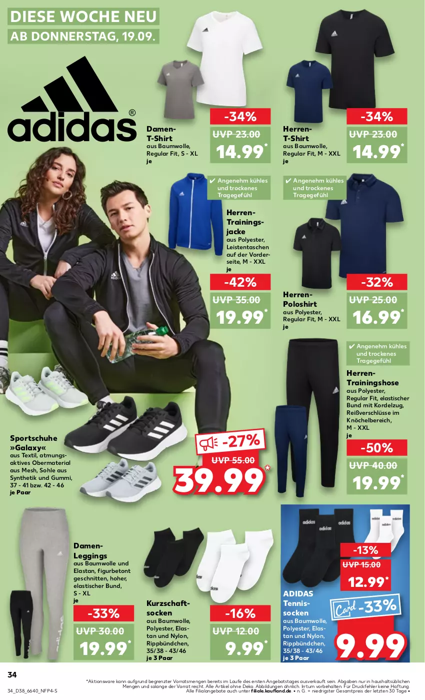 Aktueller Prospekt Kaufland - Prospekt - von 19.09 bis 25.09.2024 - strona 34 - produkty: Adidas, angebot, angebote, asti, Bau, baumwolle, eis, gin, hose, Jacke, Kurzschaftsocken, leggings, poloshirt, reis, Ria, schnitten, schuhe, shirt, socken, Sport, sportschuhe, T-Shirt, Tasche, taschen, Ti, tisch, Trainingshose, wolle, ZTE