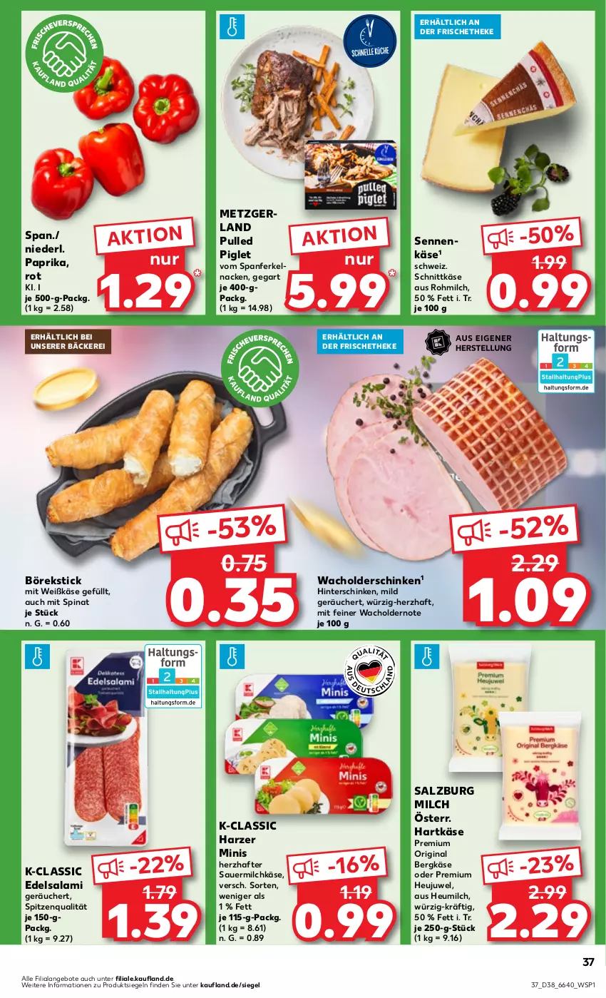 Aktueller Prospekt Kaufland - Prospekt - von 19.09 bis 25.09.2024 - strona 37 - produkty: angebot, angebote, auer, Bergkäse, Edelsalami, gin, hartkäse, Heu, Heujuwel, heumilch, hinterschinken, Käse, milch, paprika, salami, salz, Sauermilchkäse, schinken, schnittkäse, Sennenkäse, spinat, spitzenqualität, Ti