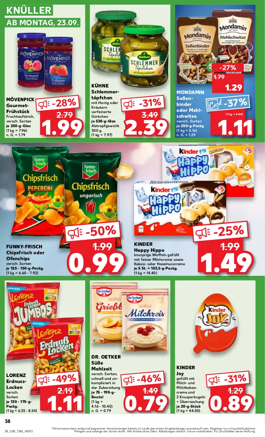 Aktueller Prospekt Kaufland - Prospekt - von 19.09 bis 25.09.2024 - strona 38 - produkty: angebot, aufstrich, beutel, chips, chipsfrisch, creme, Dr. Oetker, erdnuss, frucht, fruchtaufstrich, funny-frisch, gin, haselnuss, Haselnusscreme, hipp, honig, kakao, Kinder, kräuter, kräutern, Kugel, Kühne, lorenz, mehl, milch, mondamin, mövenpick, nuss, oder kräuter, Ofen, Soße, Ti, Töpfchen, waffeln, ZTE