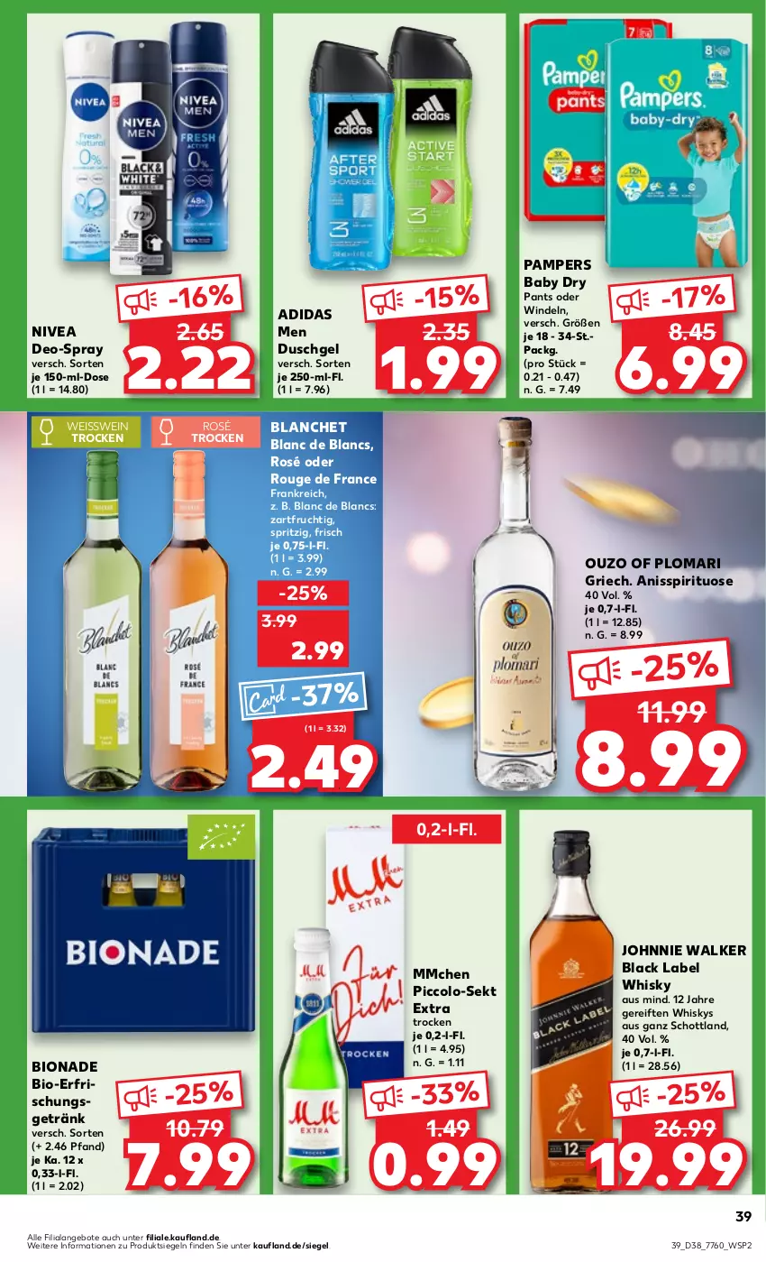 Aktueller Prospekt Kaufland - Prospekt - von 19.09 bis 25.09.2024 - strona 39 - produkty: Adidas, angebot, angebote, bio, bionade, black label, de blancs, deo, duschgel, eis, erfrischungsgetränk, frucht, getränk, johnnie walker, lack, nivea, ouzo, pampers, pampers baby dry, Pants, rouge, schott, sekt, Ti, wein, whisky, windeln