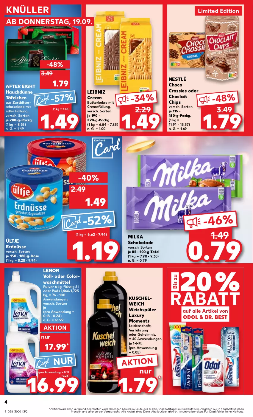 Aktueller Prospekt Kaufland - Prospekt - von 19.09 bis 25.09.2024 - strona 4 - produkty: after eight, angebot, butter, butterkeks, chips, choclait chips, choco crossies, colorwaschmittel, creme, crossies, Dr. Best, erdnüsse, keks, kekse, Kuschelweich, leibniz, lenor, milka, milka schokolade, nestlé, Odol, Pods, schoko, schokolade, Ti, ültje, ültje erdnüsse, waschmittel, weichspüler, Zartbitterschokolade, ZTE