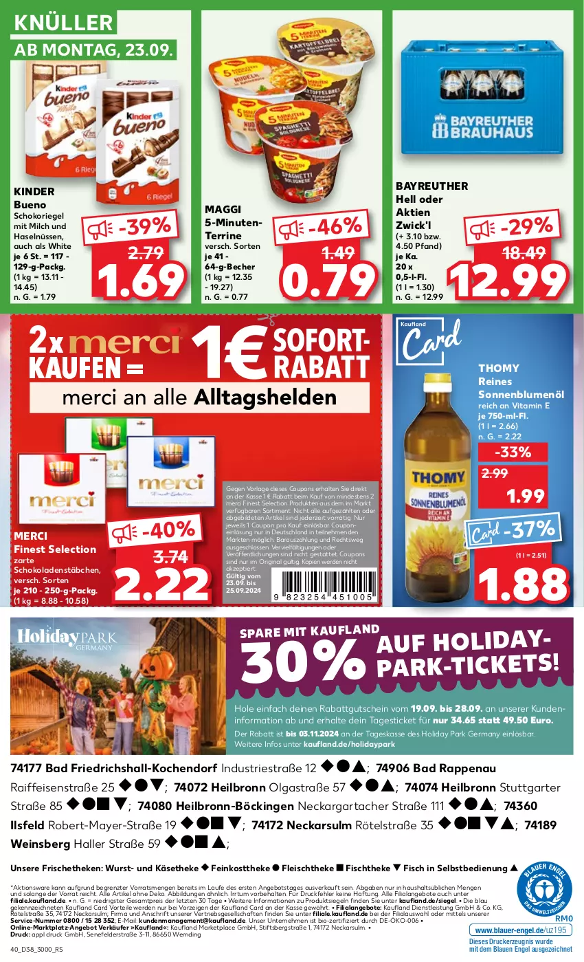 Aktueller Prospekt Kaufland - Prospekt - von 19.09 bis 25.09.2024 - strona 40 - produkty: angebot, angebote, Astra, Bad, Becher, bio, blume, blumen, blumenöl, coupon, coupons, drucker, eis, Engel, ente, erde, feinkost, feinkosttheke, fisch, fischtheke, fleisch, Germ, gin, gutschein, Käse, käsetheke, kerze, Kinder, kinder bueno, LG, maggi, merci, milch, reis, riegel, schoko, schokolade, schokoladen, schokoriegel, sonnenblume, sonnenblumen, sonnenblumenöl, terrine, thomy, Ti, vita, wein, WICK, wurst, ZTE