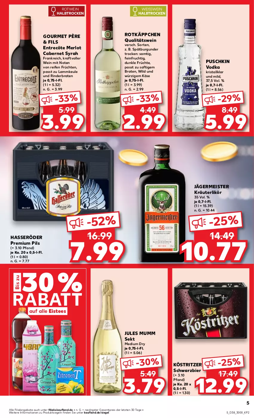 Aktueller Prospekt Kaufland - Prospekt - von 19.09 bis 25.09.2024 - strona 5 - produkty: angebot, angebote, bier, braten, burgunder, cabernet, eis, eistee, entrecôte, frucht, früchte, früchten, Germ, hasseröder, jägermeister, jules mumm, Käse, köstritzer, kraft, kräuter, kräuterlikör, lamm, lammkeule, likör, Meister, merl, merlot, mumm, pils, premium pils, puschkin vodka, qualitätswein, reifen, reis, rind, rinder, rinderbraten, rotkäppchen, rotwein, saft, sekt, spätburgunder, tee, Ti, vodka, wein, Wild, ZTE