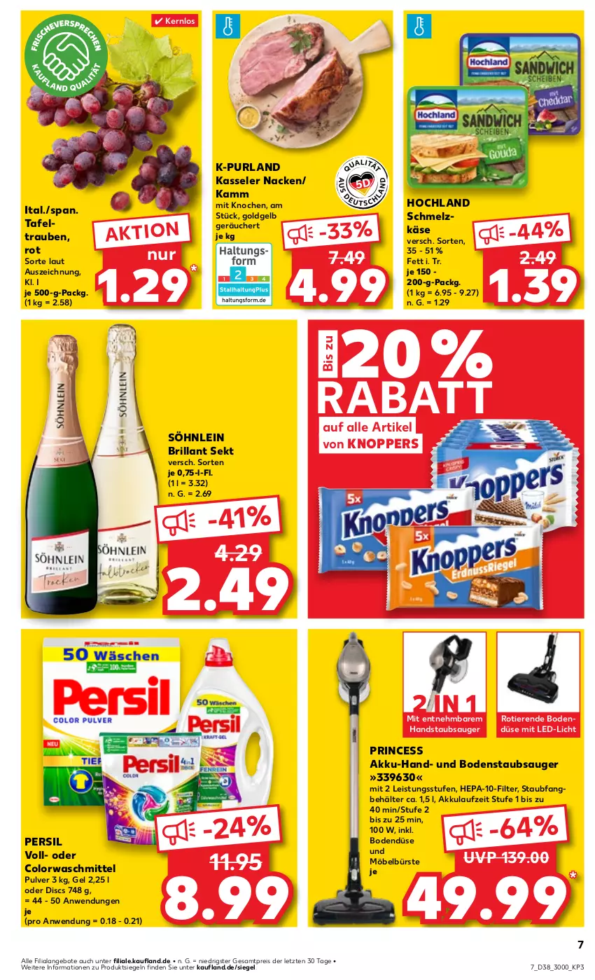 Aktueller Prospekt Kaufland - Prospekt - von 19.09 bis 25.09.2024 - strona 7 - produkty: akku, angebot, angebote, Behälter, bodenstaubsauger, brillant sekt, bürste, colorwaschmittel, eis, handstaubsauger, hochland, Käse, kasseler, knoppers, led-licht, möbel, persil, purland, reis, Schmelzkäse, sekt, söhnlein, söhnlein brillant, staubsauger, tafeltrauben, Ti, Tiere, trauben, waschmittel, ZTE