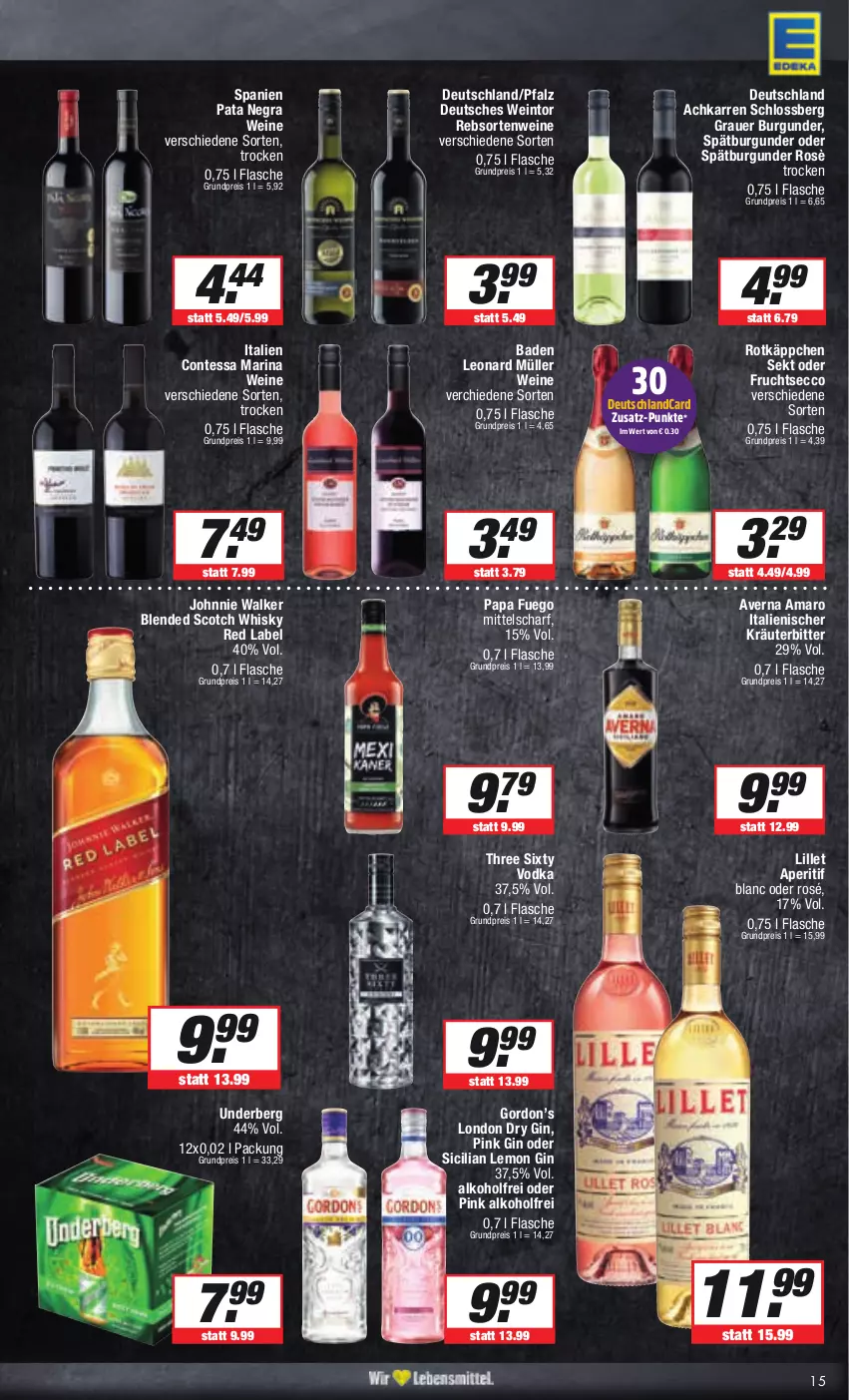 Aktueller Prospekt E Center - Angebote der Woche - von 18.09 bis 23.09.2023 - strona 15 - produkty: alkohol, amaro, aperitif, auer, averna, Bad, blended scotch, blended scotch whisky, burgunder, deutschlandcard, dry gin, ecco, eis, flasche, frucht, fruchtsecco, gin, gordon, Gordon’s, grauer burgunder, johnnie walker, kräuter, lillet, london dry, london dry gin, Müller, rebsortenweine, reis, rotkäppchen, scotch, scotch whisky, sekt, spätburgunder, Three Sixty, Ti, underberg, vodka, wein, weine, whisky