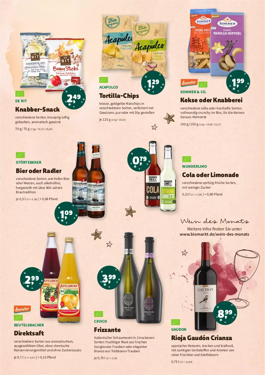 Aktueller Prospekt Denns Biomarkt - Prospekte - von 07.12 bis 17.12.2022 - strona 9 - produkty: alkohol, beutel, bier, bio, Cap, chips, cola, dip, direktsaft, elle, ente, frizzante, frucht, früchte, früchten, geback, gewürz, keks, kekse, kraft, leine, limo, limonade, mais, nuss, obst, oder radler, radler, Ria, rioja, rotwein, saft, snack, störtebeker, Ti, tisch, tortilla, trauben, wein, zucker