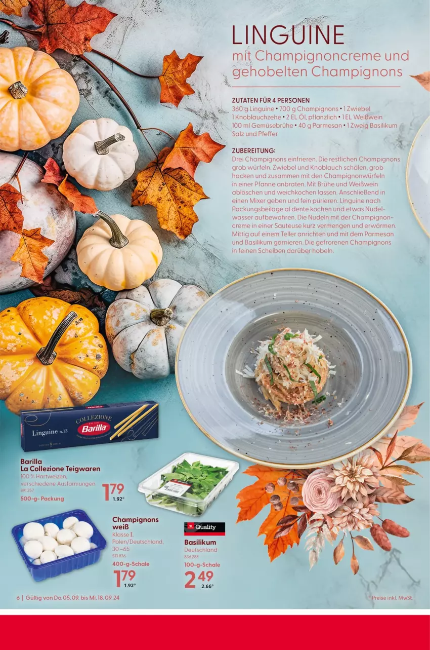 Aktueller Prospekt Selgros - Herbst Rezepte - von 05.09 bis 18.09.2024 - strona 6 - produkty: Anrichte, barilla, basilikum, braten, champignon, champignons, creme, eis, elle, ente, garnier, gemuse, ilag, knoblauch, nudel, nudeln, pfanne, pfeffer, reis, salz, Schal, Schale, teigwaren, teller, Ti, zwiebel