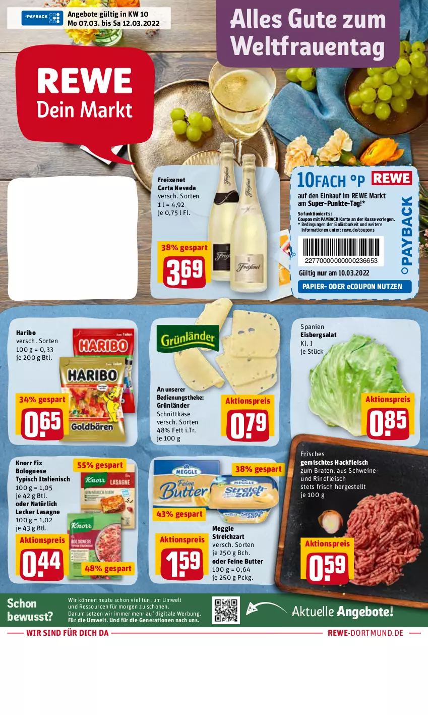 Aktueller Prospekt Rewe - Diese Woche im Angebot! - von 07.03 bis 12.03.2022 - strona 1 - produkty: aktionspreis, angebot, angebote, bolognese, braten, butter, coupon, coupons, eis, eisbergsalat, elle, fleisch, freixenet, grünländer, hackfleisch, haribo, Heu, Käse, knorr, knorr fix, lasagne, meggle, papier, payback, reis, rind, rindfleisch, rum, salat, schnittkäse, schwein, schweine, Streichzart, Ti, wein, weine