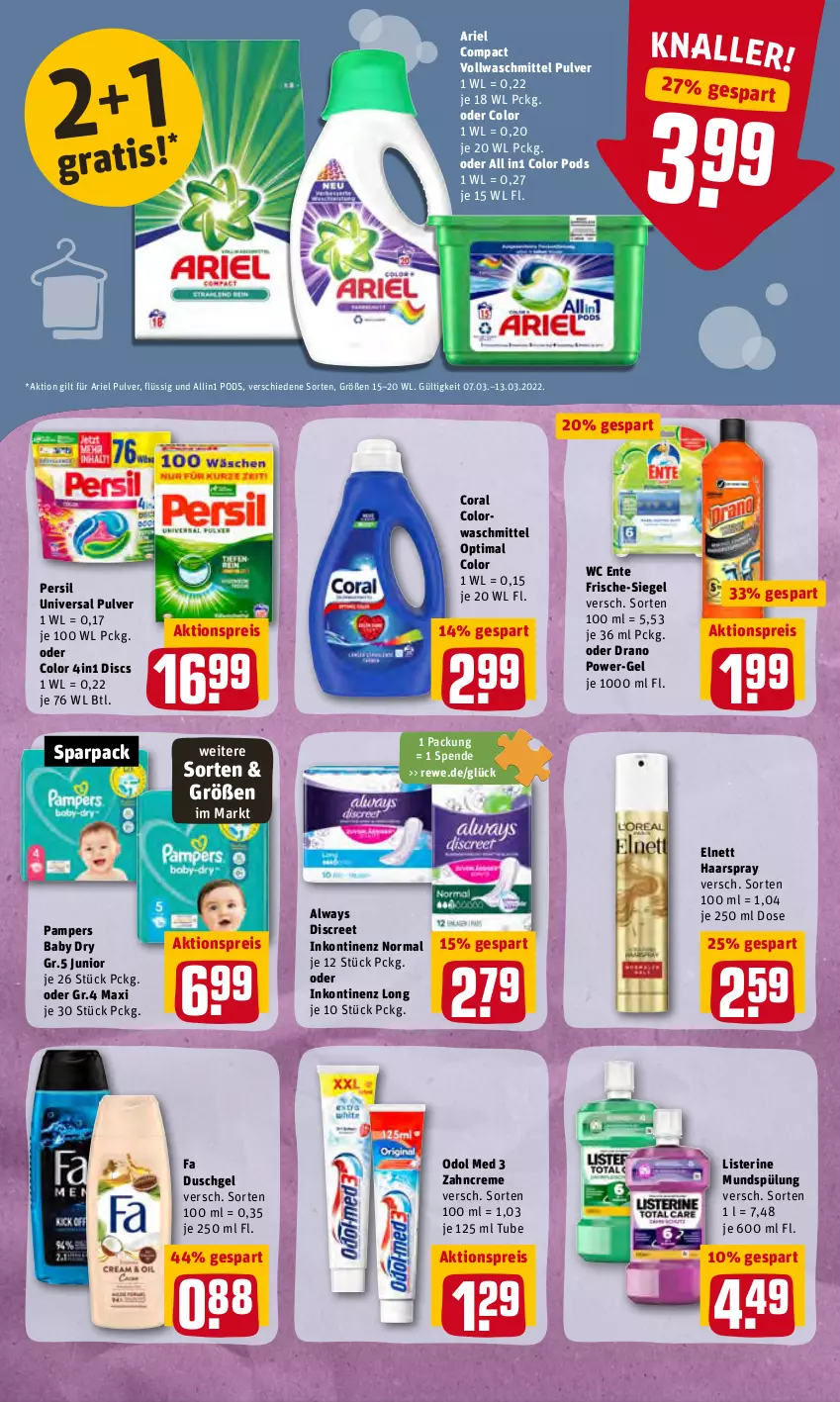 Aktueller Prospekt Rewe - Diese Woche im Angebot! - von 07.03 bis 12.03.2022 - strona 18 - produkty: aktionspreis, Alwa, Always, ariel, colorwaschmittel, Coral, creme, Discreet, duschgel, eis, elnett, ente, fa duschgel, haarspray, listerine, mundspülung, Odol, odol med, pampers, pampers baby dry, persil, Pods, power-gel, reis, spülung, Ti, universal pulver, vollwaschmittel, waschmittel, wc ente, zahncreme