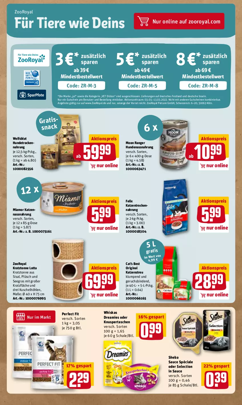 Aktueller Prospekt Rewe - Diese Woche im Angebot! - von 07.03 bis 12.03.2022 - strona 19 - produkty: aktionspreis, angebot, angebote, binden, dreamies, eis, felix, gin, gutschein, gutscheine, Hundetrockennahrung, Katzenstreu, Nassnahrung, Perfect Fit, Plüsch, reis, sauce, Schal, Schale, sheba, snack, Tasche, taschen, Ti, Tiere, Trockennahrung, whiskas