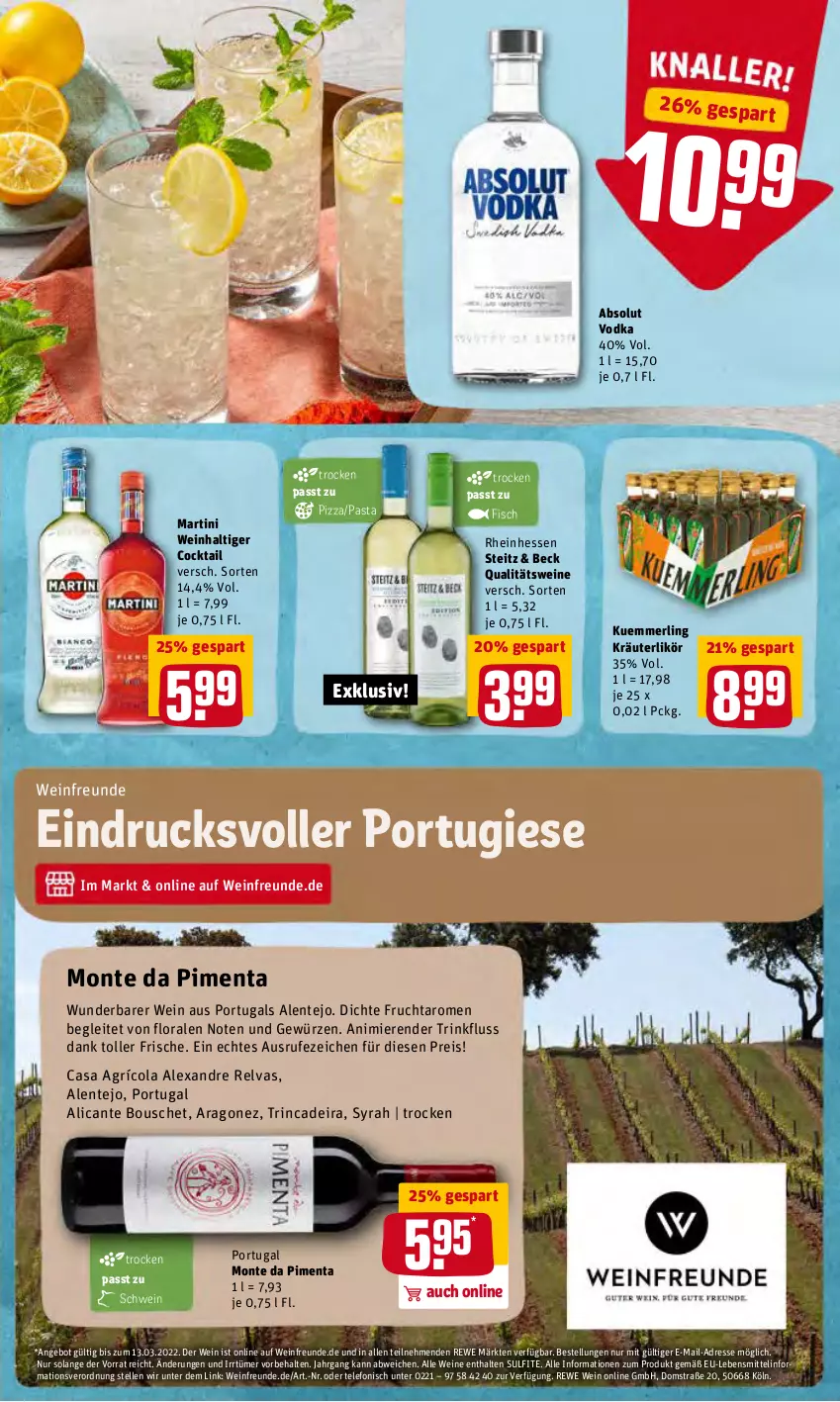 Aktueller Prospekt Rewe - Diese Woche im Angebot! - von 07.03 bis 12.03.2022 - strona 21 - produkty: Absolut Vodka, alexa, angebot, cocktail, cola, eis, elle, ente, fisch, frucht, gewürz, kräuter, kräuterlikör, kuemmerling, lebensmittel, likör, martini, merl, monte, pasta, pizza, qualitätswein, qualitätsweine, reis, rel, schwein, telefon, Ti, vodka, wein, weine