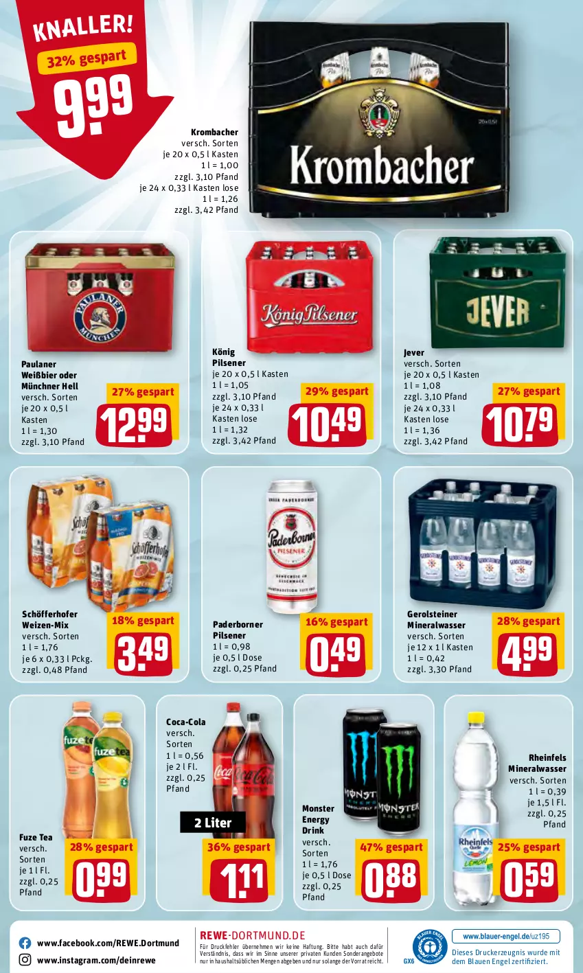 Aktueller Prospekt Rewe - Diese Woche im Angebot! - von 07.03 bis 12.03.2022 - strona 24 - produkty: Alwa, angebot, angebote, bier, coca-cola, cola, drink, drucker, energy drink, Engel, fuze tea, gerolsteine, gerolsteiner, jever, kerze, könig pilsener, krombache, krombacher, mineralwasser, monster, Monster Energy, Paula, paulaner, pils, pilsener, schöfferhofer, steiner, Ti, wasser