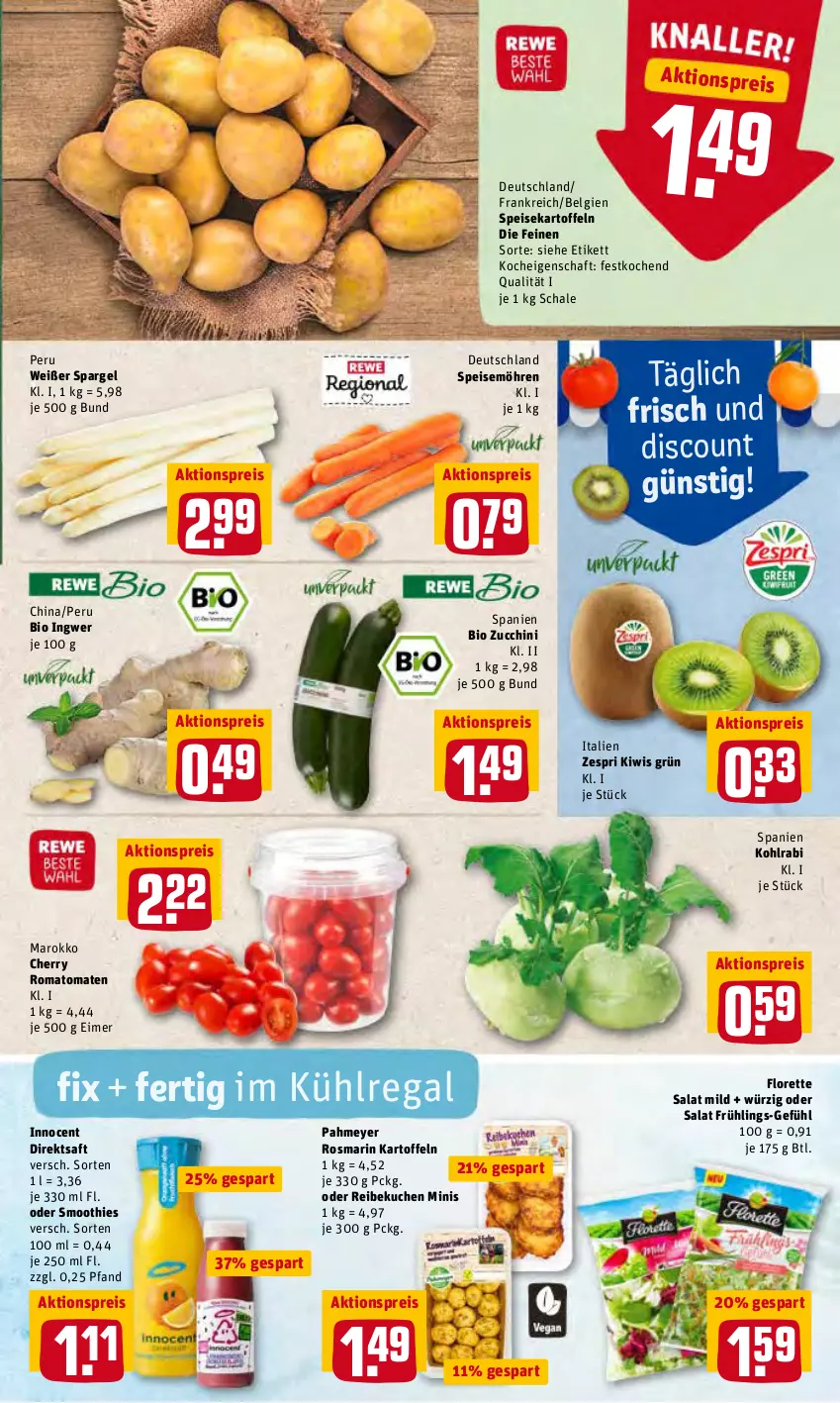 Aktueller Prospekt Rewe - Diese Woche im Angebot! - von 07.03 bis 12.03.2022 - strona 3 - produkty: aktionspreis, bio, direktsaft, discount, eimer, eis, florette, ingwer, Innocent, kartoffel, kartoffeln, kiwi, kohlrabi, kuchen, kühlregal, LG, möhren, regal, reis, Romatomaten, rosmarin, saft, salat, Schal, Schale, smoothie, smoothies, spargel, speisekartoffeln, speisemöhren, Ti, tomate, tomaten, zespri, zucchini