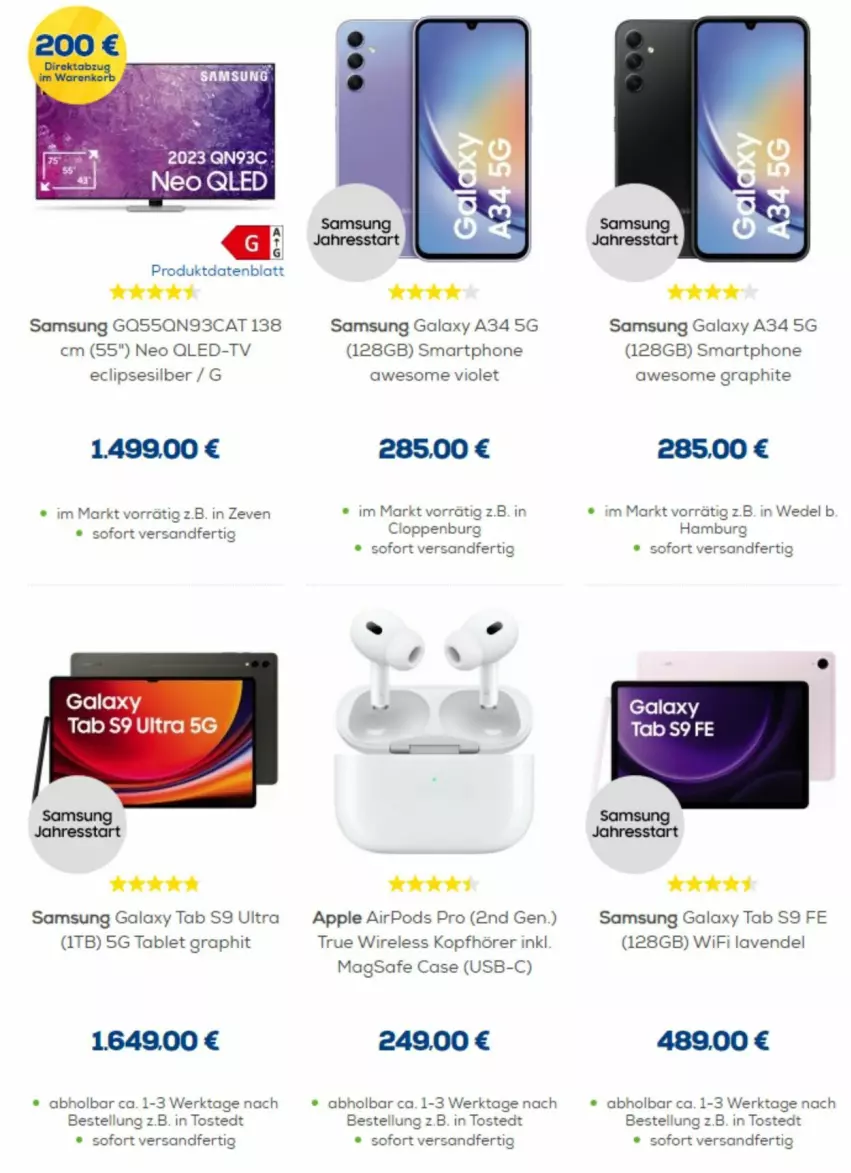 Aktueller Prospekt Euronics - Prospekte - von 08.01 bis 21.01.2024 - strona 4 - produkty: Apple, Apple AirPods, Apple AirPods Pro, kopfhörer, lavendel, Pods, qled, qled-tv, rel, Samsung, samsung galaxy, Samsung Galaxy A, smartphone, tablet, Ti, usb, wedel