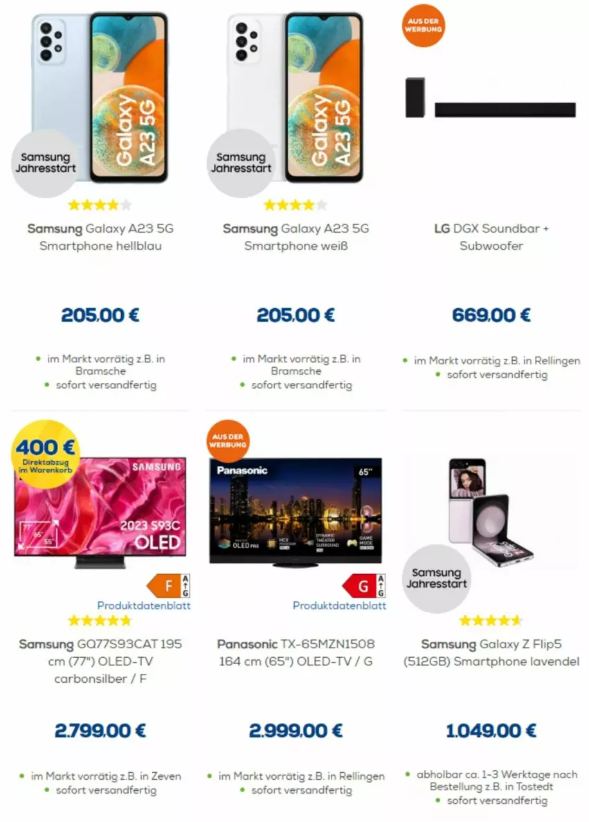 Aktueller Prospekt Euronics - Prospekte - von 08.01 bis 21.01.2024 - strona 5 - produkty: lavendel, LG, Oled-TV, panasonic, rel, Samsung, samsung galaxy, Samsung Galaxy A, Samsung Galaxy Z, Samsung Galaxy Z Flip, smartphone, soundbar, Subwoofer, Ti