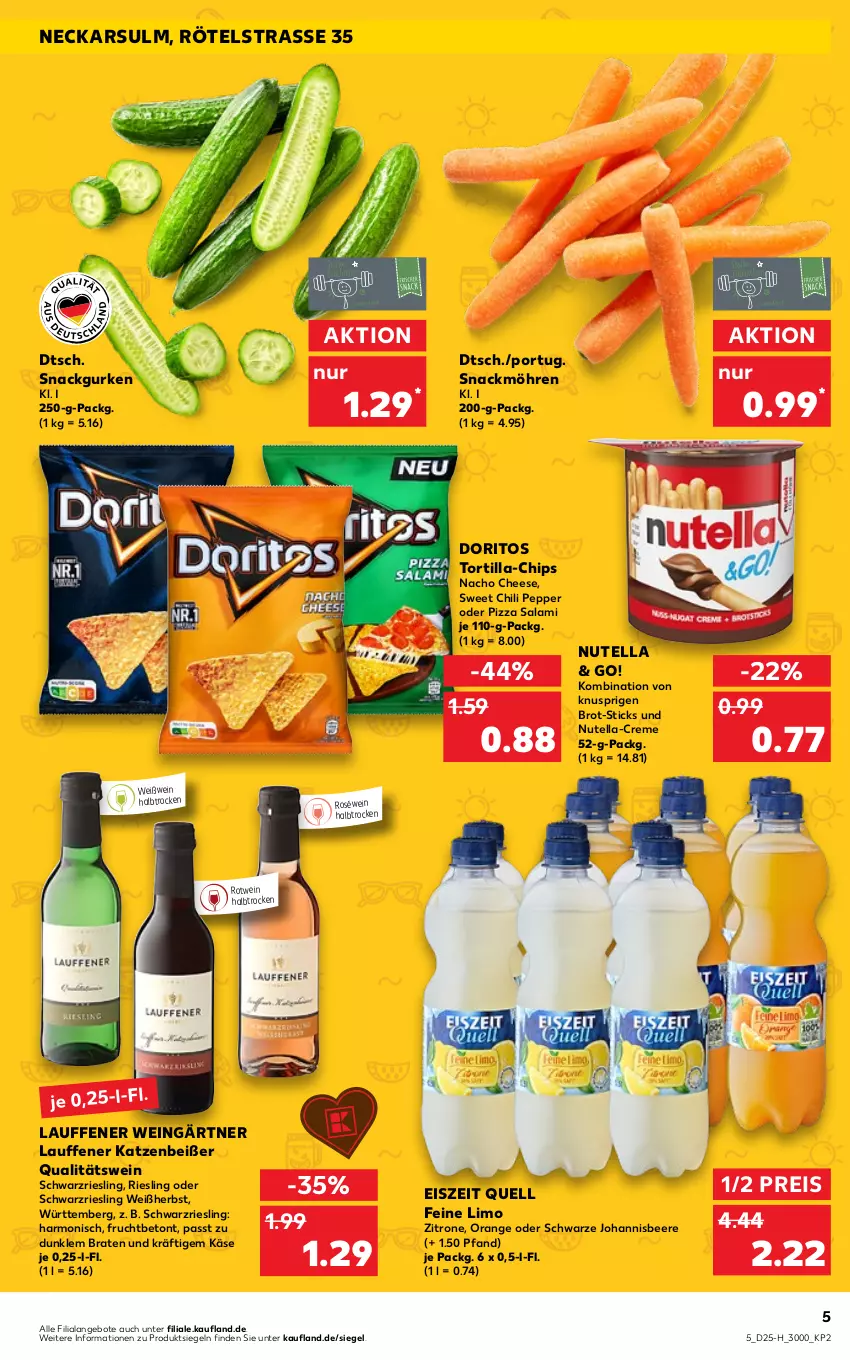 Aktueller Prospekt Kaufland - Spezielle Angebote - von 23.06 bis 29.06.2022 - strona 5 - produkty: angebot, angebote, beere, braten, brot, chili, chips, creme, Doritos, eis, frucht, gurke, gurken, johannisbeere, Käse, limo, möhren, nacho, nacho cheese, nutella, orange, pizza, qualitätswein, reis, riesling, roséwein, rotwein, salami, schwarzriesling, snack, Ti, tortilla, wein, Weißwein, zitrone