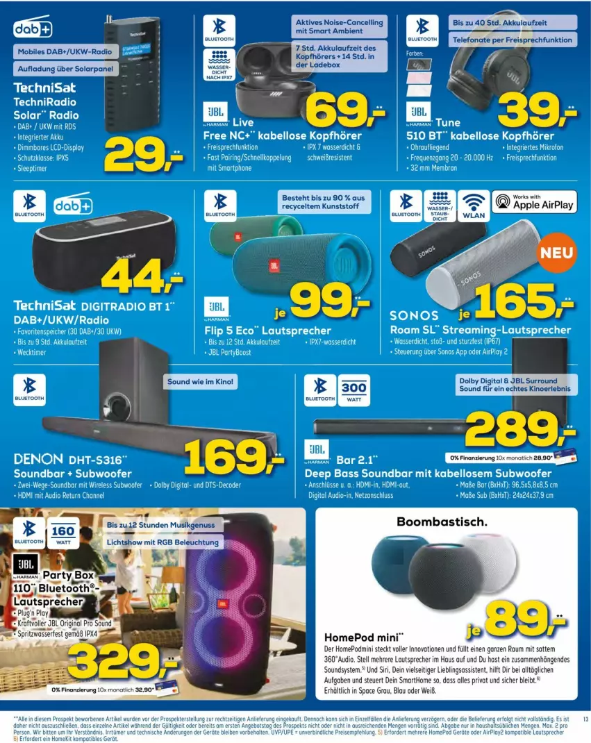 Aktueller Prospekt Euronics - Prospekte - von 27.04 bis 04.05.2022 - strona 13 - produkty: akku, Apple, asti, ente, HDMI, jbl, kopfhörer, lautsprecher, Omep, Radio, ring, soundbar, Subwoofer, TechniSat, Ti, tisch, wasser