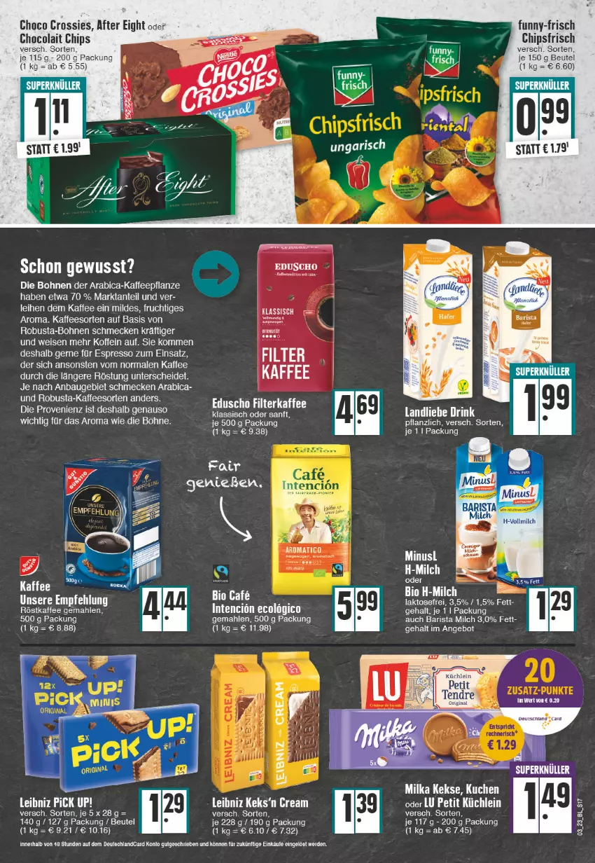 Aktueller Prospekt E Center - Angebote der Woche - von 16.01 bis 21.01.2023 - strona 17 - produkty: after eight, angebot, Bau, beutel, bohne, bohnen, chia, chips, chipsfrisch, choco crossies, cola, crossies, eis, ente, erde, espresso, frucht, funny-frisch, gin, kaffee, keks, kekse, kuchen, milch, milka, pflanze, röstkaffee, Ti, vollmilch