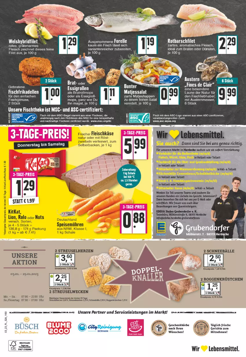 Aktueller Prospekt E Center - Angebote der Woche - von 16.01 bis 21.01.2023 - strona 24 - produkty: aqua, aust, Austern, bier, braten, decke, dell, eier, eis, elle, erde, essig, filet, fisch, fische, Fischer, fischtheke, fleisch, fleischkäse, forelle, frikadellen, ideal zum braten, Käse, kitkat, lebensmittel, LG, lion, matjes, messer, möhren, natur, nuss, Reinigung, reis, rel, Ria, Rotbarsch, rotbarschfilet, salat, Schal, Schale, Schere, Schneebälle, speisemöhren, Ti, tisch, uhr, weck, Wels, ZTE, zwiebel, zwiebeln