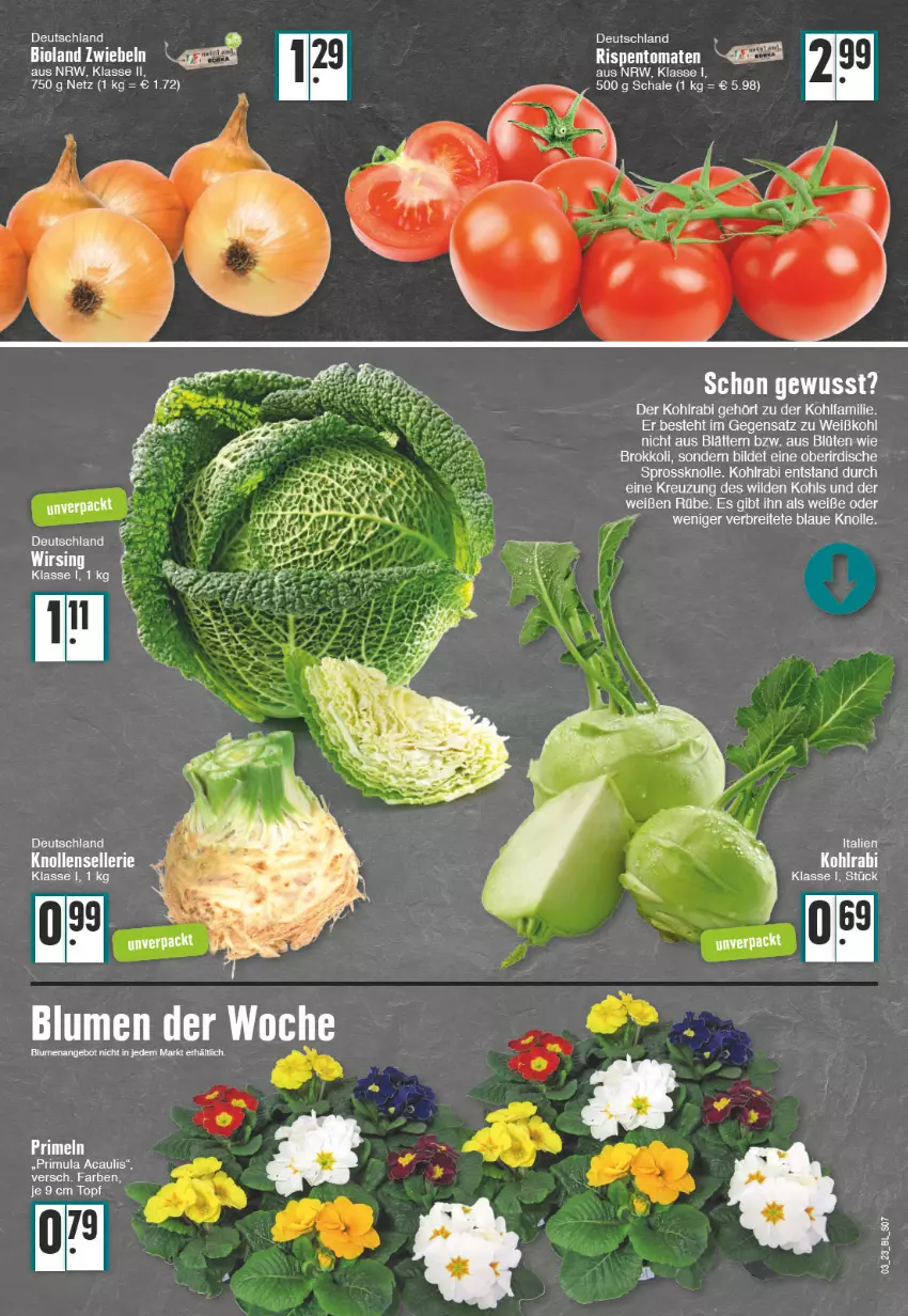 Aktueller Prospekt E Center - Angebote der Woche - von 16.01 bis 21.01.2023 - strona 7 - produkty: angebot, bio, bioland, blume, blumen, Blüte, brokkoli, kohlrabi, Primeln, rispentomaten, Schal, Schale, tomate, tomaten, topf, Weißkohl, Wild, zwiebel, zwiebeln