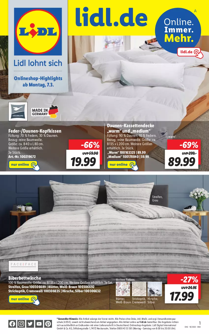 Aktueller Prospekt Lidl - Aktuelle Onlineshop-Highlights - von 07.03 bis 13.03.2022 - strona 1 - produkty: angebot, angebote, Bau, baumwolle, bett, bettwäsche, braun, creme, decke, eis, elle, Kassettendecke, kissen, kopfkissen, ndk, reifen, reine baumwolle, reis, rel, Schal, Schale, telefon, Ti, uhr, wolle