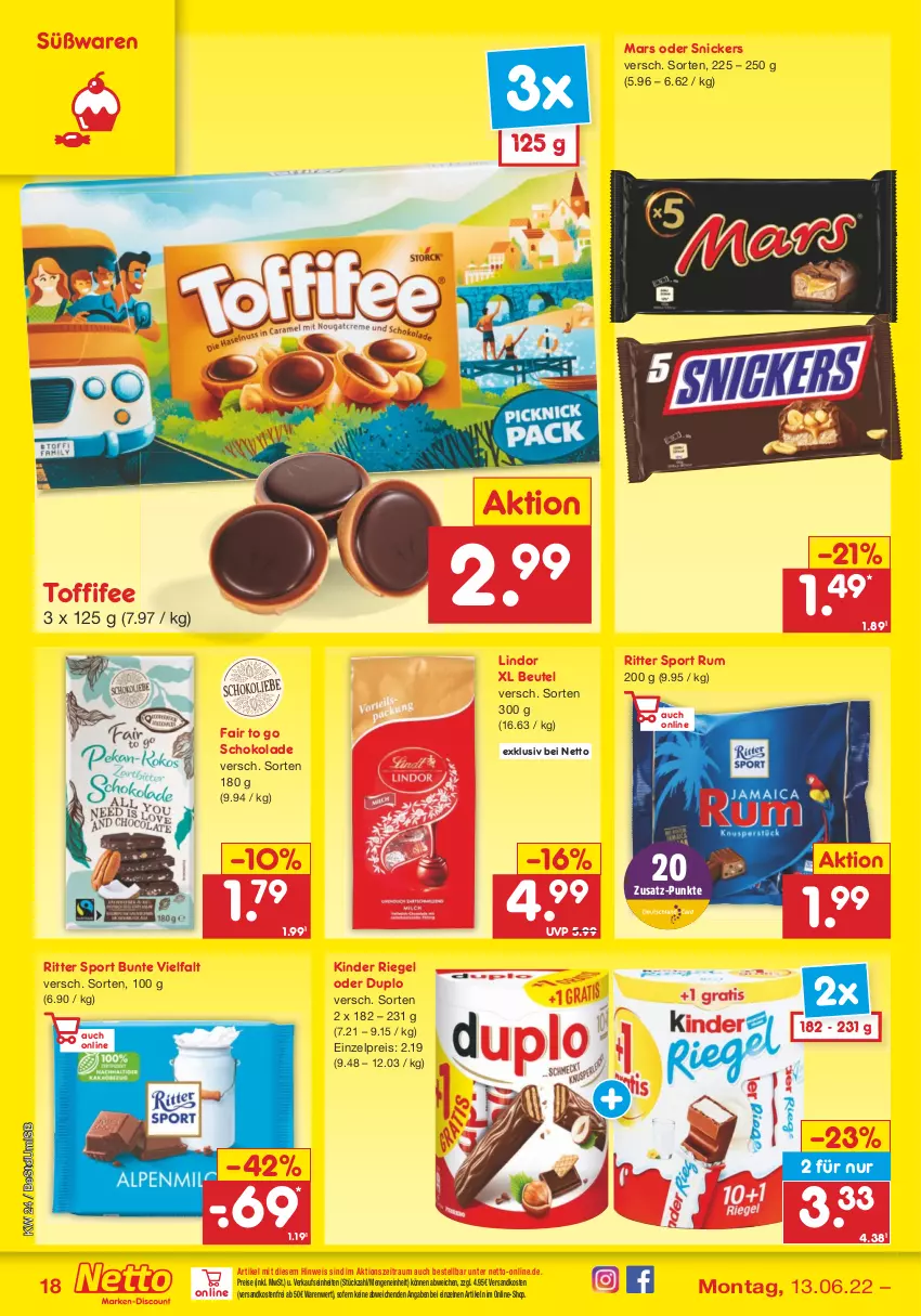 Aktueller Prospekt Netto Marken-Discount - Filial-Angebote - von 13.06 bis 18.06.2022 - strona 18 - produkty: beutel, duplo, eis, Kinder, kinder riegel, lindor, mars, ndk, reis, riegel, ritter, ritter sport, rum, schoko, schokolade, snickers, Sport, Ti, toffifee, versandkostenfrei