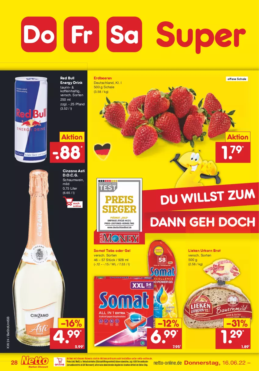 Aktueller Prospekt Netto Marken-Discount - Filial-Angebote - von 13.06 bis 18.06.2022 - strona 28 - produkty: asti, beere, beeren, brot, cin, cinzano, Cinzano Asti, drink, eis, energy drink, erdbeere, erdbeeren, korn, lieken, ndk, red bull, reis, Schal, Schale, somat, Ti, urkorn, versandkostenfrei, wein