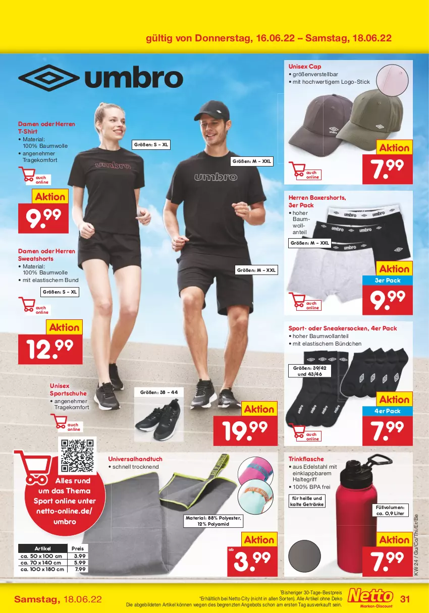 Aktueller Prospekt Netto Marken-Discount - Filial-Angebote - von 13.06 bis 18.06.2022 - strona 31 - produkty: angebot, asti, Bau, baumwolle, bestpreis, Cap, edelstahl, eis, flasche, getränk, getränke, handtuch, reis, Ria, schuhe, shirt, shorts, sneaker, sneakersocken, socken, Sport, sportschuhe, sweatshorts, T-Shirt, Ti, tisch, trinkflasche, tuc, Umbro, wolle, ZTE