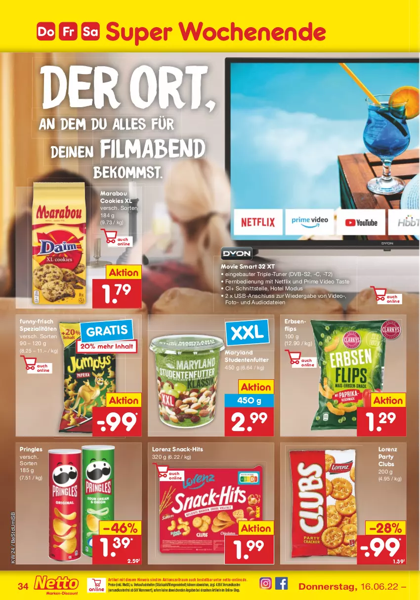 Aktueller Prospekt Netto Marken-Discount - Filial-Angebote - von 13.06 bis 18.06.2022 - strona 34 - produkty: Bau, beko, cookie, cookies, deo, dvb, dvb-s2, eis, elle, ente, erbsen, fernbedienung, funny-frisch, lorenz, mab, Marabou, ndk, netflix, pringles, reis, ring, senf, snack, Spezi, studentenfutter, Ti, tuner, usb, versandkostenfrei