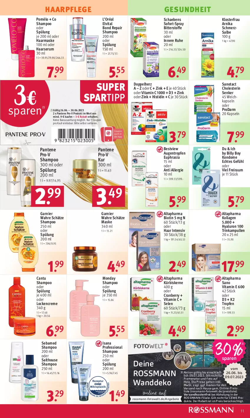 Aktueller Prospekt Rossmann - Prospekte - von 26.06 bis 30.06.2023 - strona 11 - produkty: Altapharma, angebot, angebote, Billy Boy, bio, cewe, coupon, cranberry, creme, doppelherz, eis, elvital, garnier, Gesundheit, haarpflege, Holz, hyaluron, isana, K2, Kollagen, Kondome, Kürbis, kürbiskerne, Maske, ndk, pantene, pantene pro-v, pro-v, reis, rum, sana, Schaebens, sebamed, Serum, shampoo, shampoo 250 ml, shampoo oder spülung, spartipp, spülung, spülung 200 ml, Ti, Tiere, versandkostenfrei, vita, Vitamin C, Wahre Schätze, Wanddeko