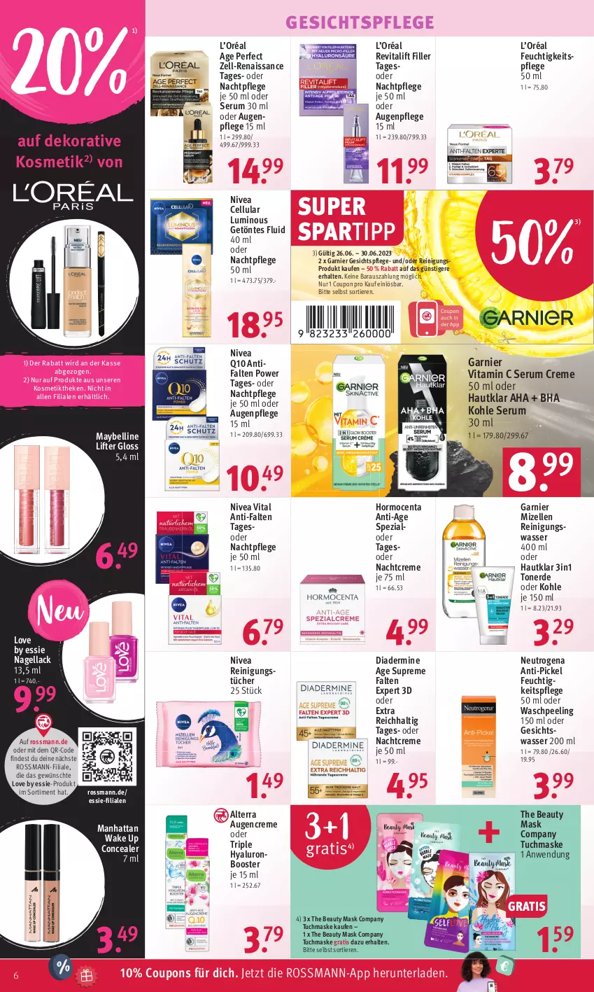 Aktueller Prospekt Rossmann - Prospekte - von 26.06 bis 30.06.2023 - strona 6 - produkty: alterra, Augenpflege, coupon, coupons, creme, Diadermine, elle, erde, feuchtigkeitspflege, garnier, gesichtspflege, Gesichtswasser, gsw, HP, hyaluron, K2, kosmetik, lack, Maske, Maybelline, mizellen, Mizellen Reinigungswasser, nachtcreme, nachtpflege, Nagellack, neutrogena, nivea, Peeling, Q10, Reinigung, reinigungstücher, Revital, revitalift, rum, Serum, spartipp, Spezi, Ti, Tiere, Toner, tuc, tücher, tuchmaske, vita, Vitamin C, wasser