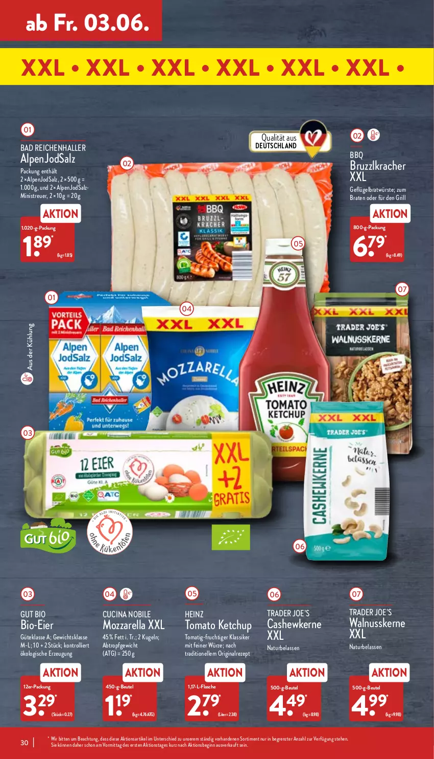 Aktueller Prospekt Aldi Nord - Aldi-Aktuell - von 30.05 bis 04.06.2022 - strona 30 - produkty: Bad, beutel, bio, braten, Cashew, cashewkerne, cin, eier, elle, flasche, frucht, Geflügel, gin, grill, heinz, ketchup, kracher, Kugel, mozzarella, natur, nuss, rel, rezept, salz, Ti, tomato ketchup, trolli, walnuss, walnusskerne, ZTE