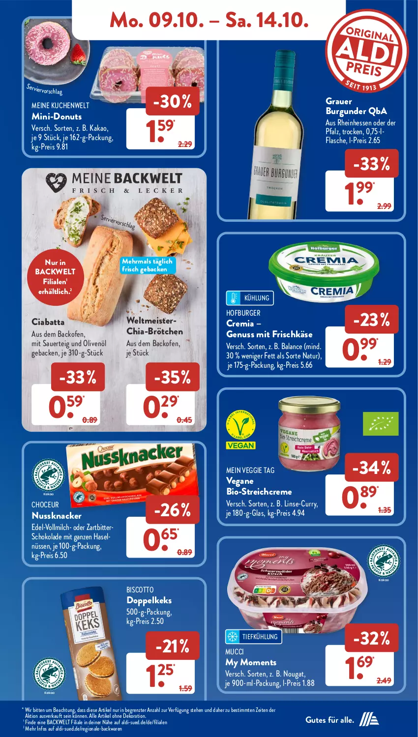 Aktueller Prospekt AldiSud - NÄCHSTE WOCHE - von 09.10 bis 14.10.2023 - strona 11 - produkty: aldi, alle artikel ohne dekoration, auer, backofen, backwaren, bio, biscotto, brötchen, burger, burgunder, chia, ciabatta, creme, curry, dekoration, Donut, donuts, eis, flasche, frischkäse, geback, grauer burgunder, kakao, Käse, keks, knacker, kuchen, Meister, milch, natur, nuss, Nussknacker, Ofen, olive, oliven, olivenöl, reis, schoko, schokolade, Ti, veggie, vollmilch, Zartbitterschokolade, ZTE