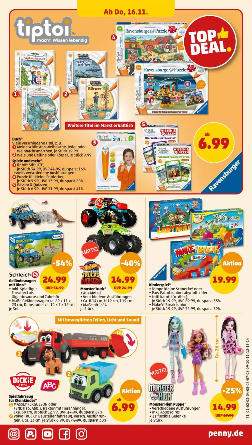 Aktueller Prospekt Penny - Prospekte - von 13.11 bis 18.11.2023 - strona 21 - produkty: ACC, accessoires, Anhänger, aust, Bau, buch, burger, decke, elle, Kinder, Kinderspiel, leine, monster, Monster High, Monster Truck, Paw Patrol, Puppe, Puzzle, ravensburger, Schleich, Spiele, Tempo, Ti, Tiptoi