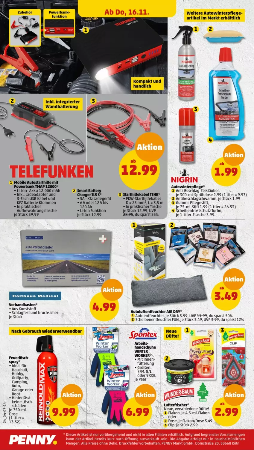 Aktueller Prospekt Penny - Prospekte - von 13.11 bis 18.11.2023 - strona 24 - produkty: adapter, akku, aufbewahrungstasche, auto, Bank, batterie, flasche, grill, handschuhe, Hobby, je 1-liter-flasche, ladegerät, Luftentfeuchter, lufterfrischer, ndk, powerbank, Rauch, rwe, Scheibenfrostschutz, schuhe, schwamm, Tasche, Ti, tisch, usb, Verbandkasten, wandhalterung