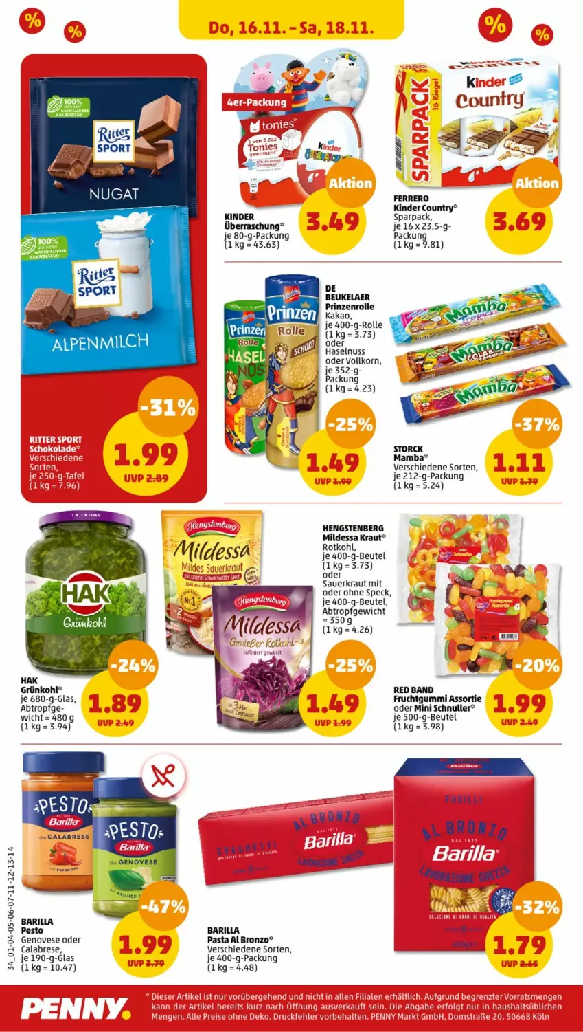 Aktueller Prospekt Penny - Prospekte - von 13.11 bis 18.11.2023 - strona 34 - produkty: alpenmilch, auer, barilla, beutel, ferrero, frucht, fruchtgummi, genovese, haselnuss, hengstenberg, kakao, Kinder, kinder country, korn, Kraut, mam, milch, nuss, pasta, pesto, prinzenrolle, rotkohl, rum, Sauerkraut, Speck, storck, Ti, Yo