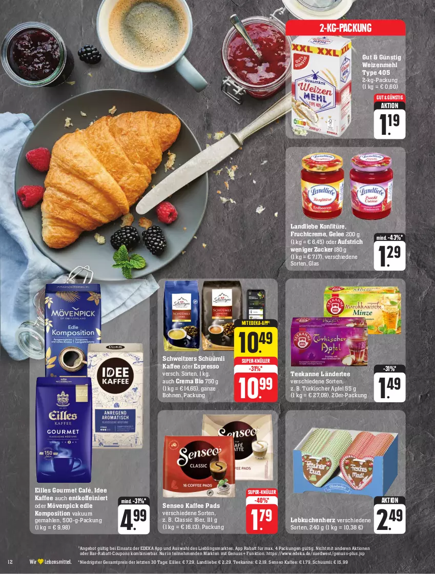 Aktueller Prospekt Edeka - Angebote der Woche - von 18.09 bis 23.09.2023 - strona 12 - produkty: angebot, apfel, aufstrich, bio, bohne, bohnen, coupon, coupons, creme, deka, eilles gourmet, eis, espresso, frucht, gelee, gourmet café, kaffee, konfitüre, kuchen, Ländertee, landliebe, Lebkuchen, mehl, mövenpick, nuss, oder espresso, rabatt-coupon, reis, senseo, super-knüller, tee, teekanne, Ti, type 405, weizenmehl, ZTE, zucker