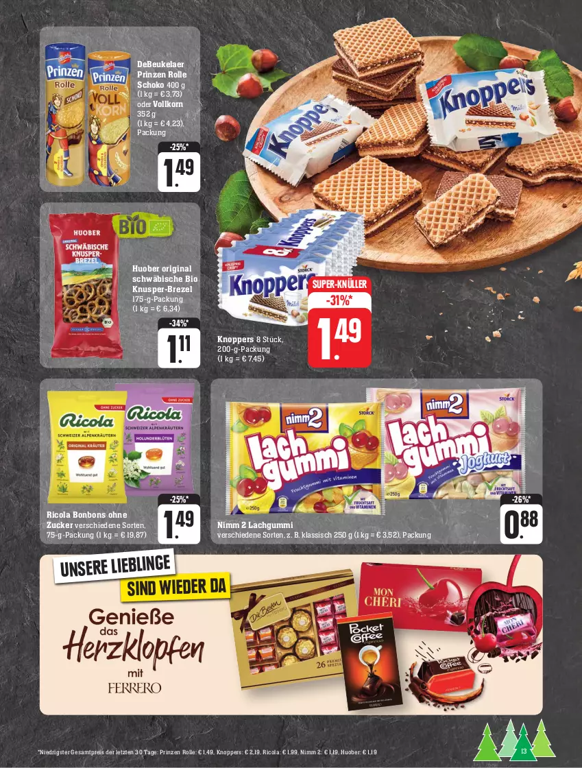 Aktueller Prospekt Edeka - Angebote der Woche - von 18.09 bis 23.09.2023 - strona 13 - produkty: bio, bonbons, brezel, cola, debeukelaer, eis, gin, huober, knoppers, korn, lachgummi, Nimm 2, prinzen rolle, reis, Ricola, schoko, super-knüller, ZTE, zucker