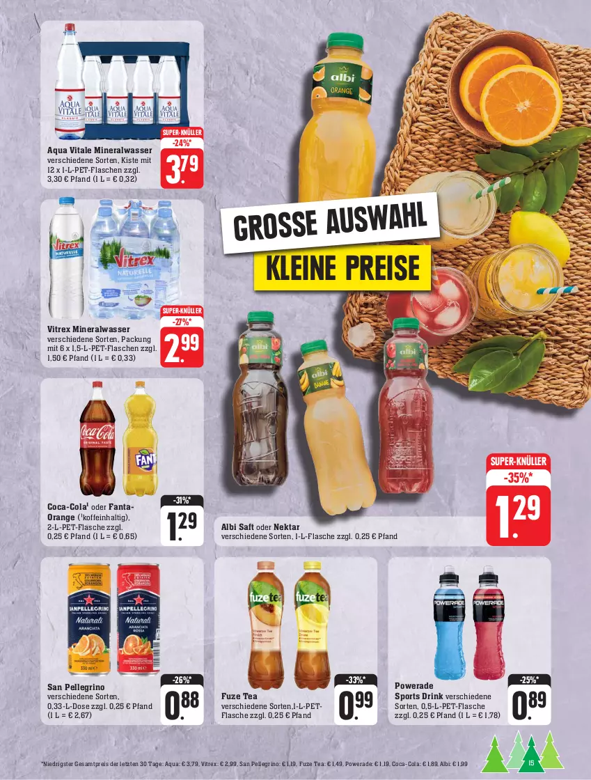 Aktueller Prospekt Edeka - Angebote der Woche - von 18.09 bis 23.09.2023 - strona 15 - produkty: Alwa, aqua, coca-cola, cola, drink, eis, elle, fanta, flasche, fuze tea, leine, mineralwasser, Nektar, orange, pet-flasche, pet-flaschen, reis, saft, san pellegrino, Sport, super-knüller, Ti, vita, vitrex, wasser, ZTE