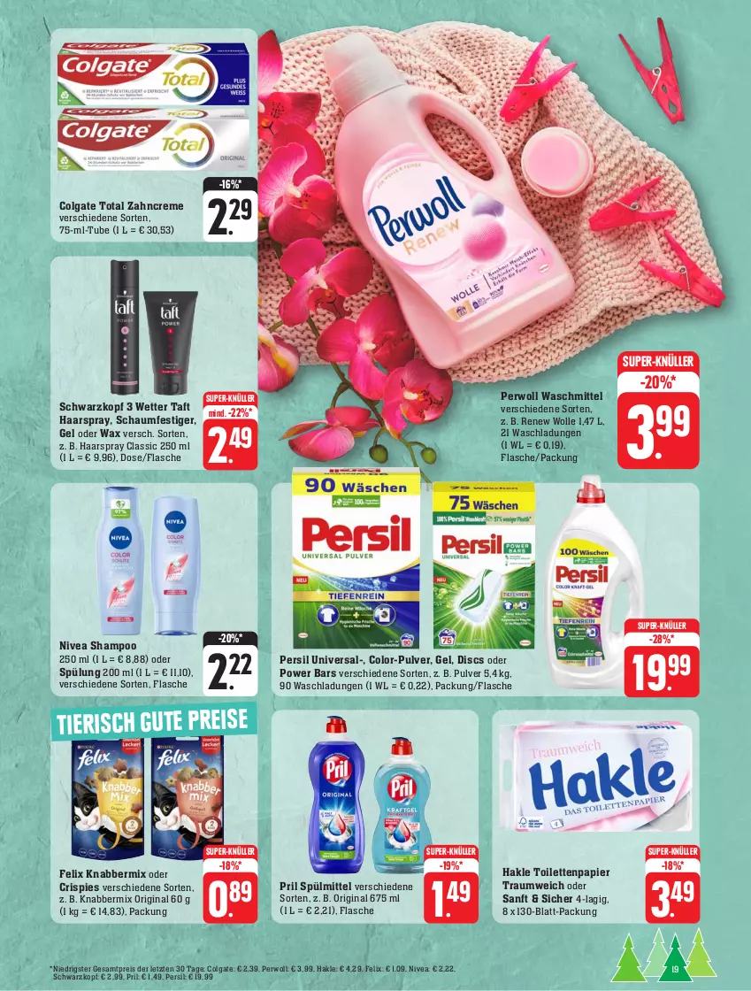 Aktueller Prospekt Edeka - Angebote der Woche - von 18.09 bis 23.09.2023 - strona 19 - produkty: colgate, colgate total, creme, eis, felix, flasche, gin, haarspray, hakle, hakle toilettenpapier, LG, nivea, papier, persil, perwoll, pril, reis, schaumfestiger, schwarzkop, schwarzkopf, shampoo, shampoo 250 ml, spülmittel, spülung, spülung 200 ml, super-knüller, Taft, Ti, toilettenpapier, waschmittel, wolle, zahncreme, ZTE