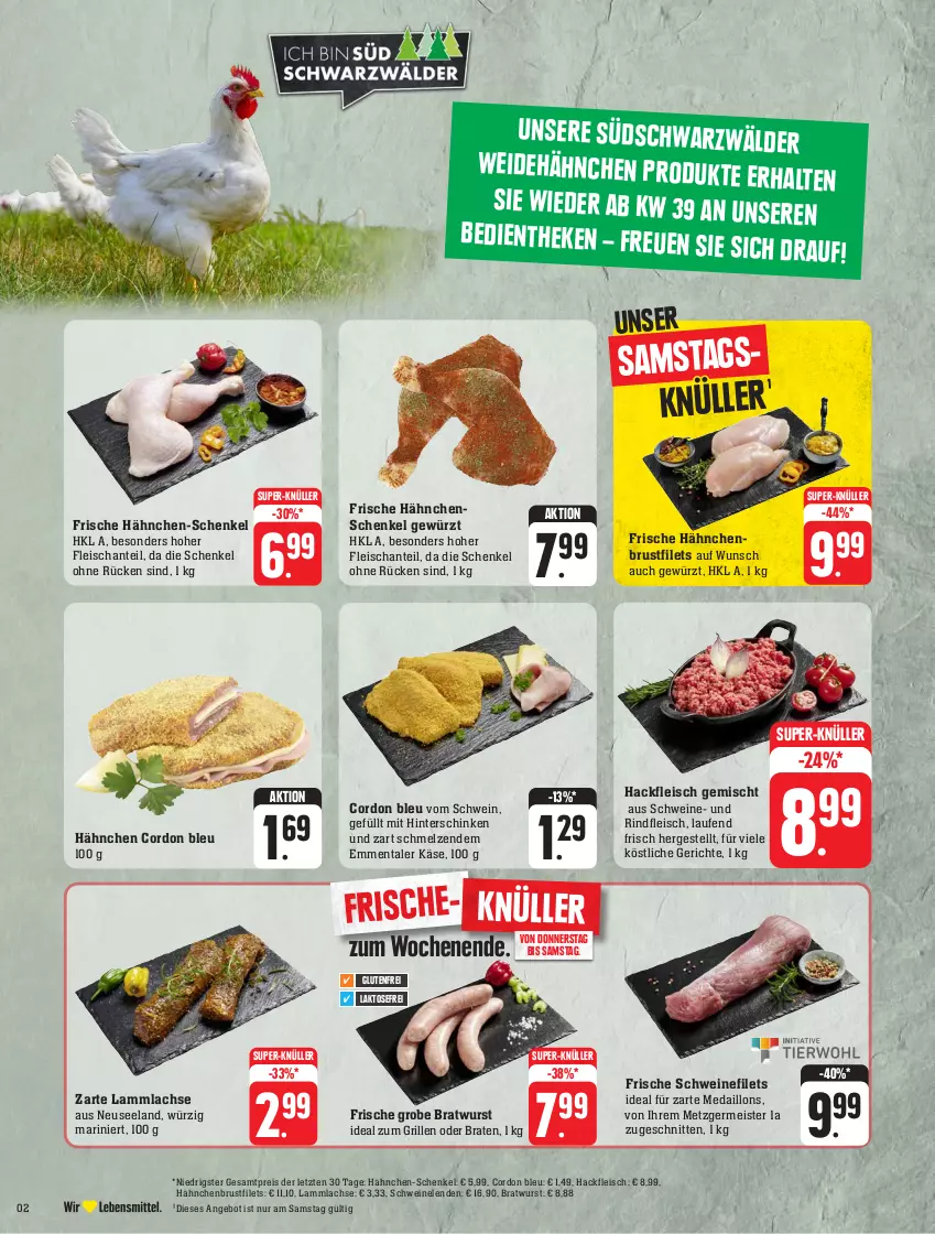 Aktueller Prospekt Edeka - Angebote der Woche - von 18.09 bis 23.09.2023 - strona 2 - produkty: angebot, braten, bratwurst, brustfilet, cordon bleu, eis, Elan, emmentaler, filet, filets, fleisch, Frische Hähnchen, Germ, gewürz, grill, grobe bratwurst, hackfleisch, hackfleisch gemischt, hähnchen-schenkel, hähnchenbrust, hähnchenbrustfilet, hähnchenschenkel, henkel, hinterschinken, ideal zum grillen, Käse, lachs, lamm, lammlachse, Laufen, medaillons, Meister, reis, rind, rindfleisch, schenkel, schinken, schnitten, schwein, schweine, schweinefilet, super-knüller, Ti, wein, weine, wurst, ZTE