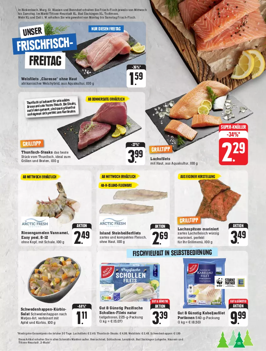 Aktueller Prospekt Edeka - Angebote der Woche - von 18.09 bis 23.09.2023 - strona 5 - produkty: apfel, aqua, Bad, braten, eis, filet, filets, fisch, fische, fleisch, frischfisch, garnelen, grill, grilltipp, ideal zum grillen, kabeljaufilet, Kürbis, lachs, lachsfilet, lachsfilets, matjes, natur, reis, riesengarnelen, salat, Schal, Schale, scholl, steak, steaks, Steinbeißer, Steinbeißerfilet, super-knüller, thunfisch, Ti, Wels, ZTE