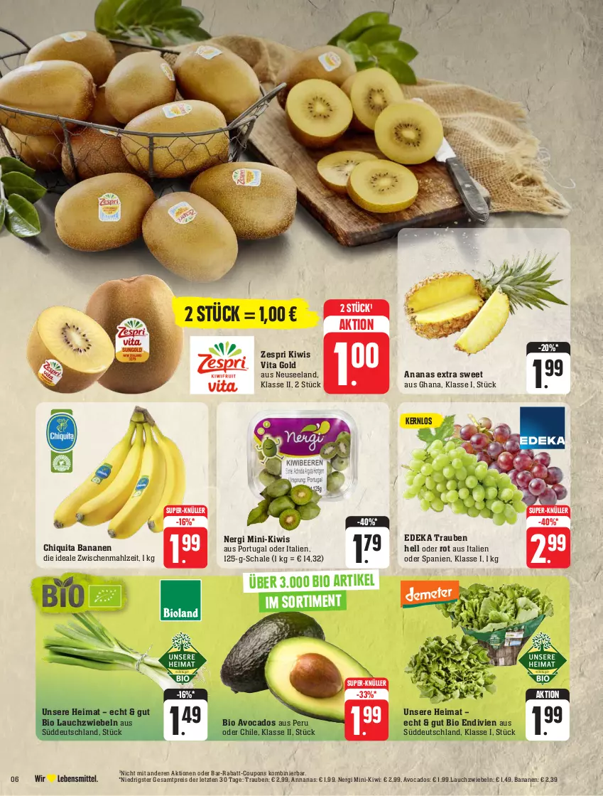 Aktueller Prospekt Edeka - Angebote der Woche - von 18.09 bis 23.09.2023 - strona 6 - produkty: ananas, avocado, avocados, banane, bananen, bio, chiquita, coupon, coupons, deka, eis, Elan, kiwi, Lauchzwiebel, lauchzwiebeln, rabatt-coupon, reis, Schal, Schale, super-knüller, Ti, trauben, vita, zespri, ZTE, zwiebel, zwiebeln